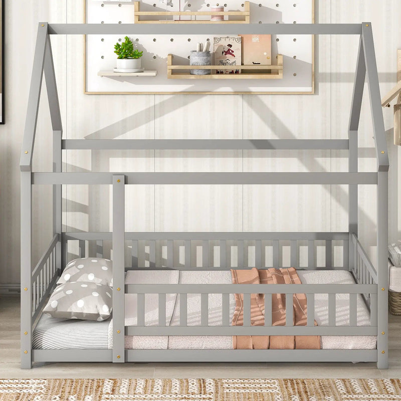 Floor Wooden Bed With House Roof Frame, Fence Guardrails by HouseOfZazla