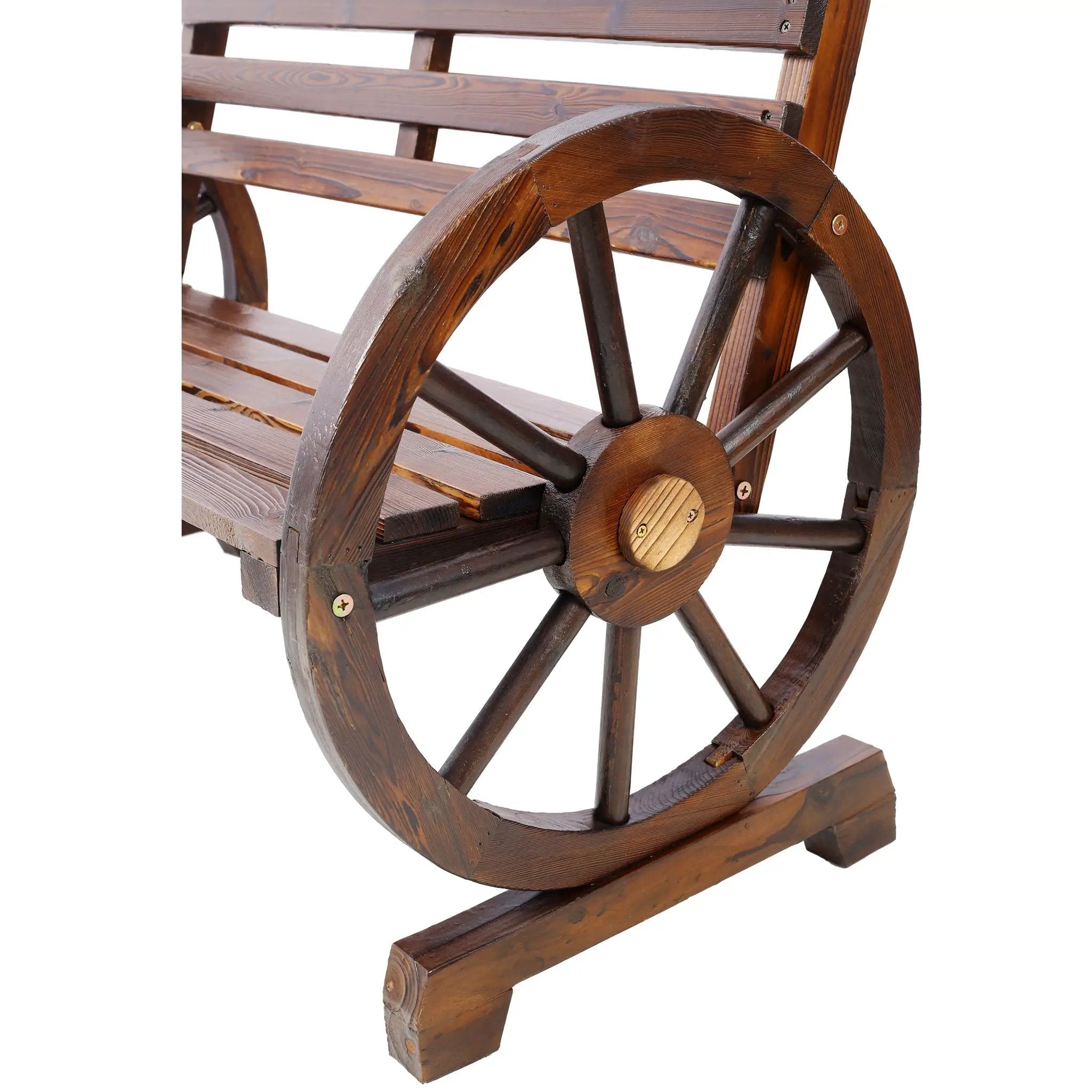 Rustic Country 2 Person Wooden Wagon Wheel Bench With Slatted Seat And Backrest - Brown by HouseOfZazla