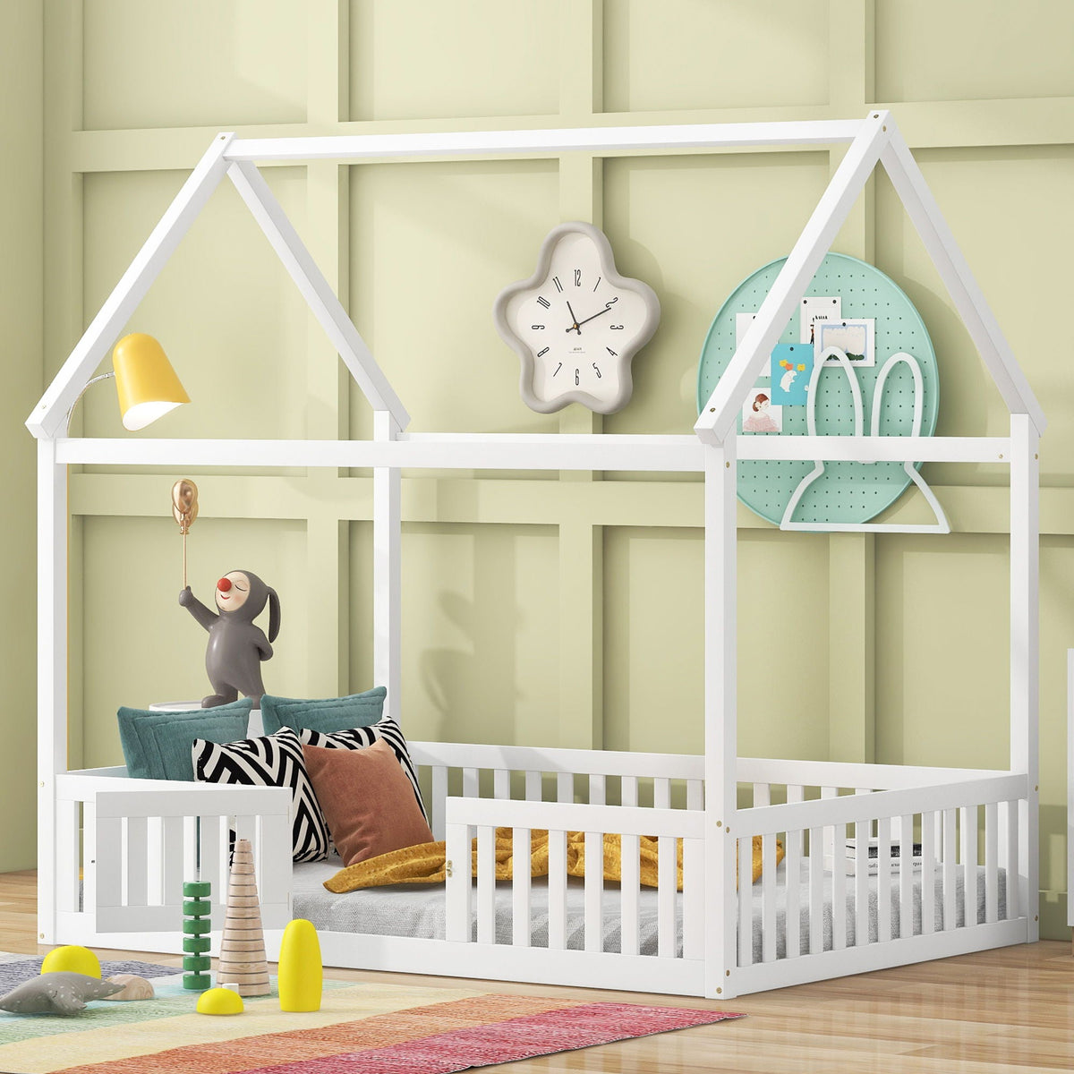 Wood House Platform Bed with Fence and Door - White or Dark Gray, photo 17 of 40