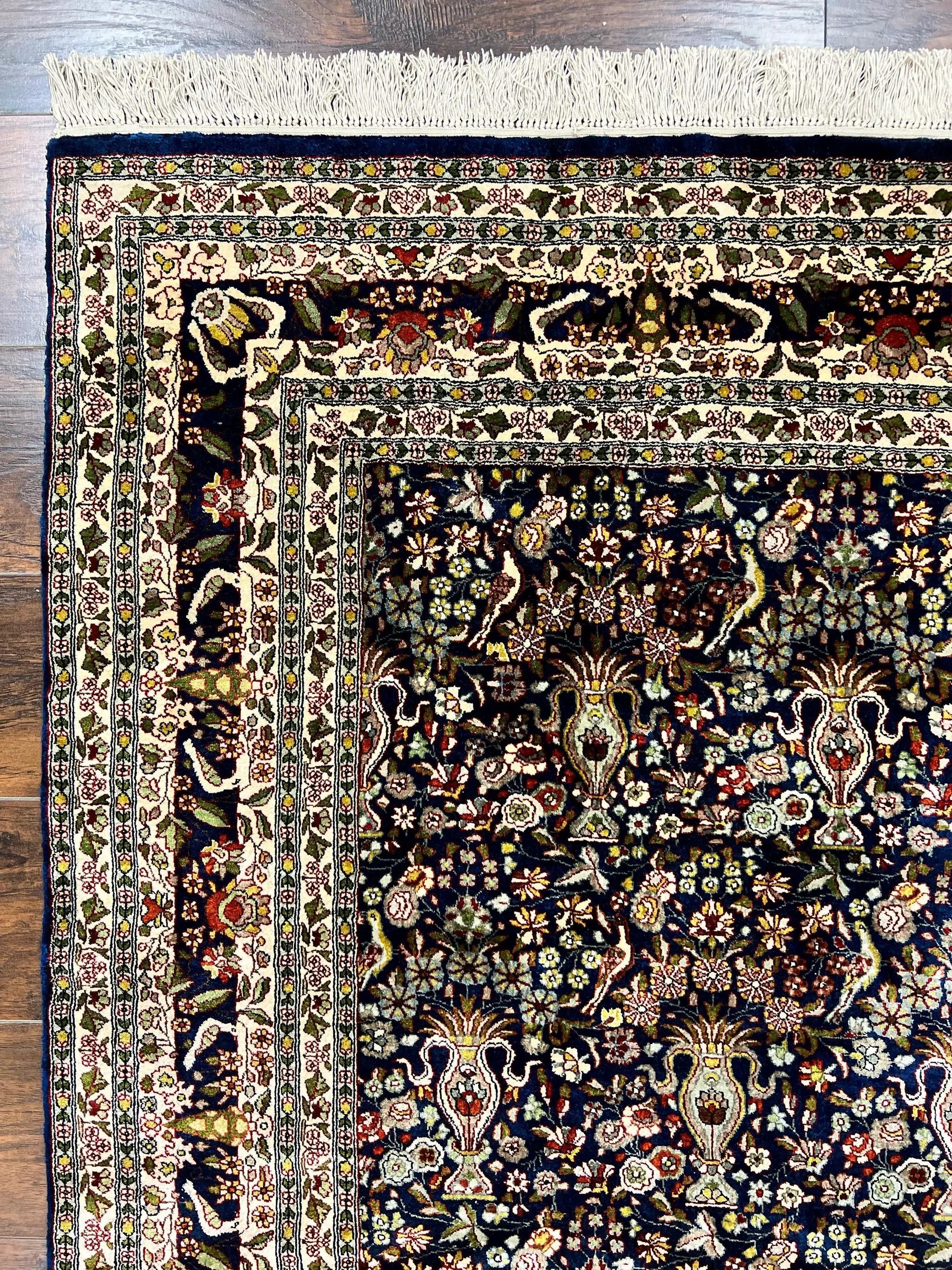 Silk Indian Kashmiri Rug 5x7, Navy Blue Indo Persian Silk Carpet 5 x 7 ft, Hand Knotted Handmade Very Fine Oriental Carpet, 450 KPSI, Birds by Jewel Rugs