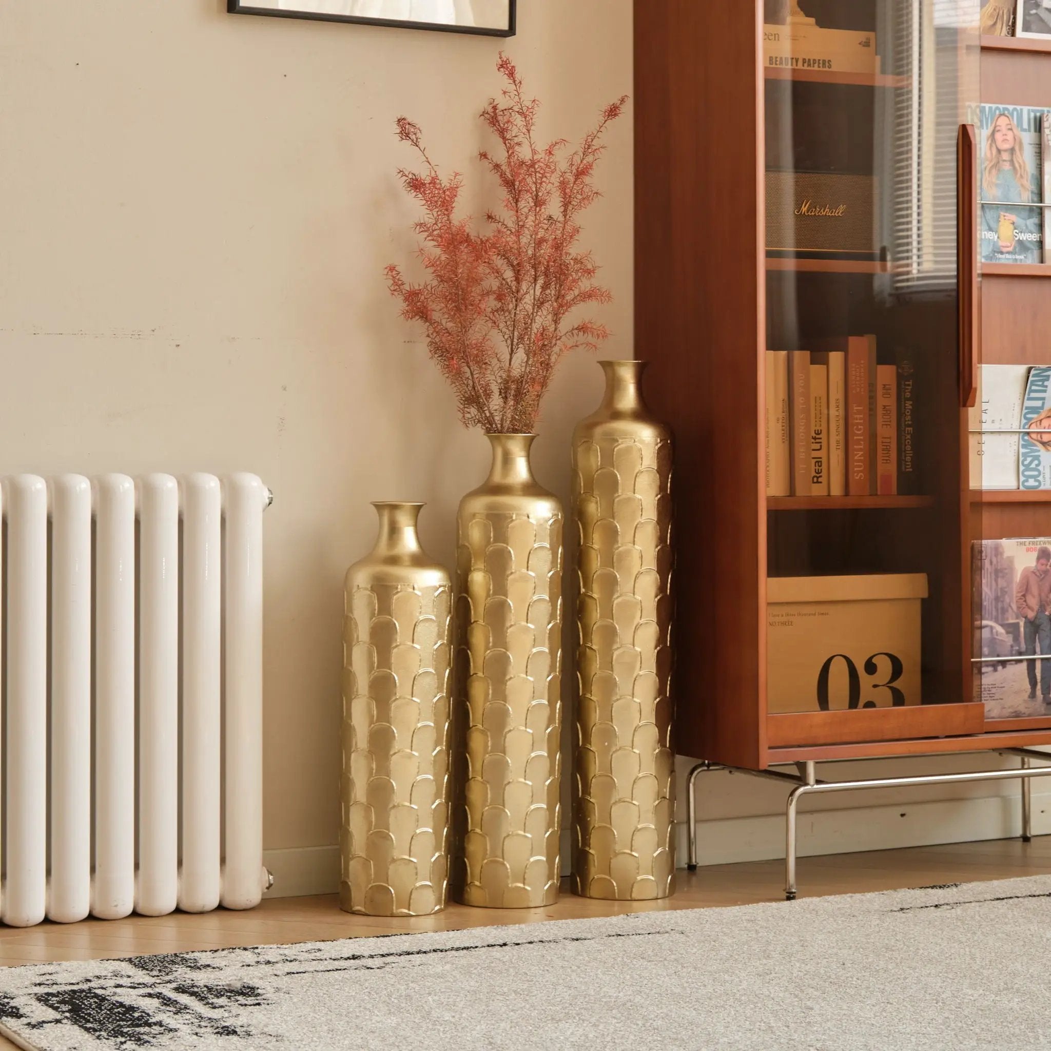 Floor Metal Vases Decorated White Metal Vases (Set of 3) Gorgeous Home Decoration Large Glazed Metal Vases - Golden by HouseOfZazla