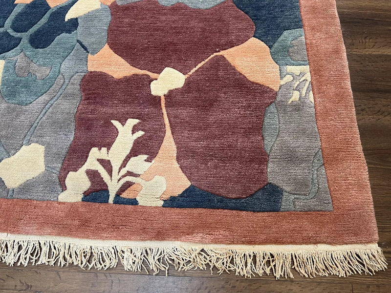 Modern Tibetan Rug 5.7 x 7.9, Abstract Multicolor Flower Pattern, Navy Blue Maroon Salmon, Soft Wool, Hand Knotted Contemporary Carpet 6x8 by Jewel Rugs