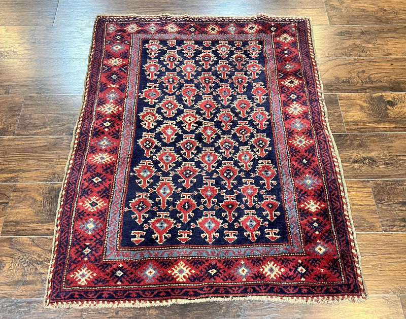 Turkish Sparta Rug 3x4, Allover Pattern, Navy Blue and Red, Antique Ispara Oriental Carpet 3 x 4, Small Turkish Handmade Vintage Wool Rug by Jewel Rugs