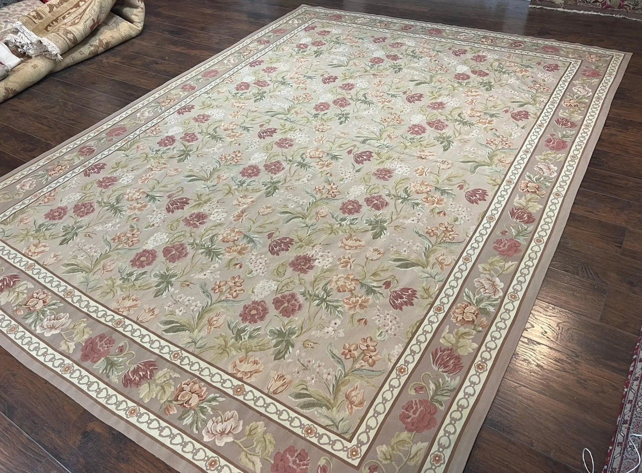 Aubusson Rug 9x12, Pink Beige Light Mauve, Handmade Allover Floral Roses, Wool Flatweave Carpet 9 x 12 ft, European French Design, Elegant by Jewel Rugs