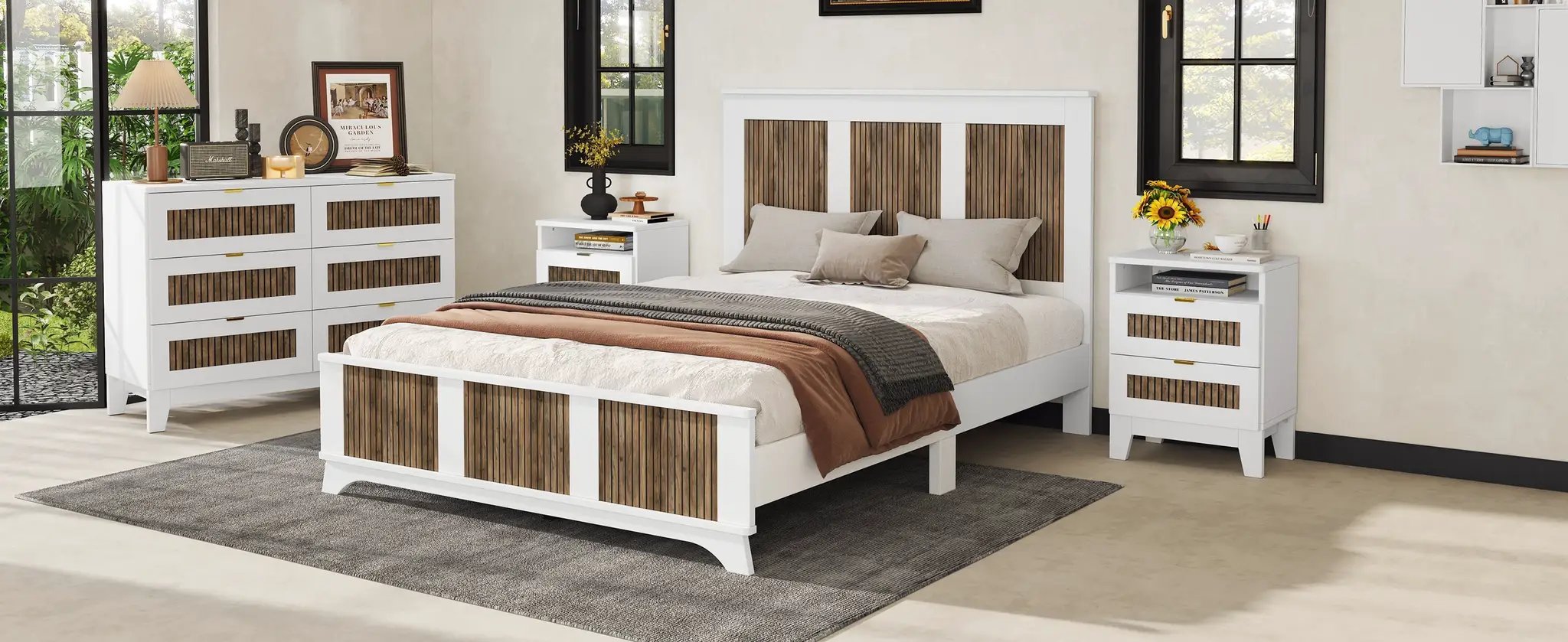 4-Pieces Bedroom Sets, Queen Size Farmhouse Platform Bed with Storage by HouseOfZazla