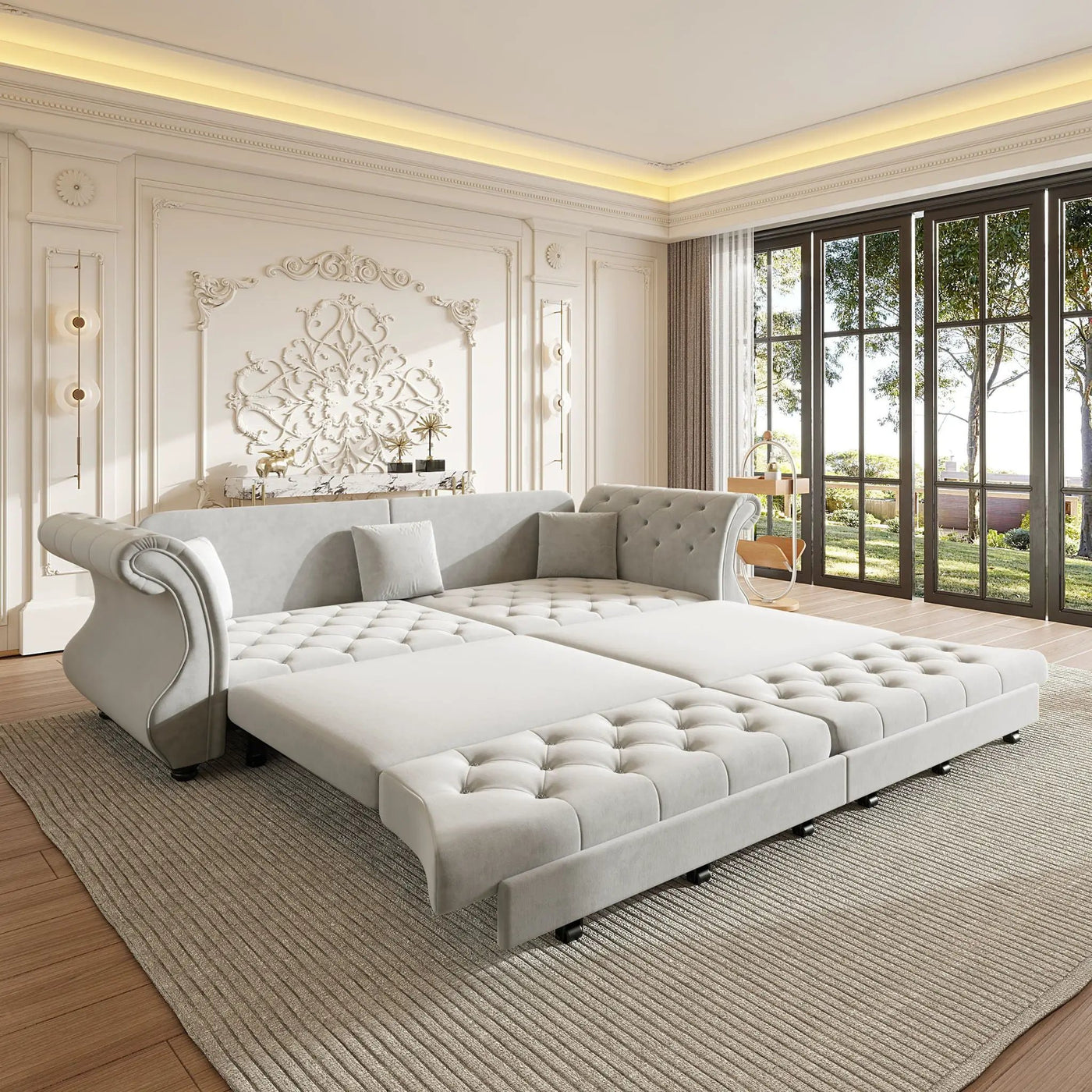 Oversized Chesterfield Pull Out Sofa Bed, Roll Arm Couch With Flower Tufting For Living Room by HouseOfZazla