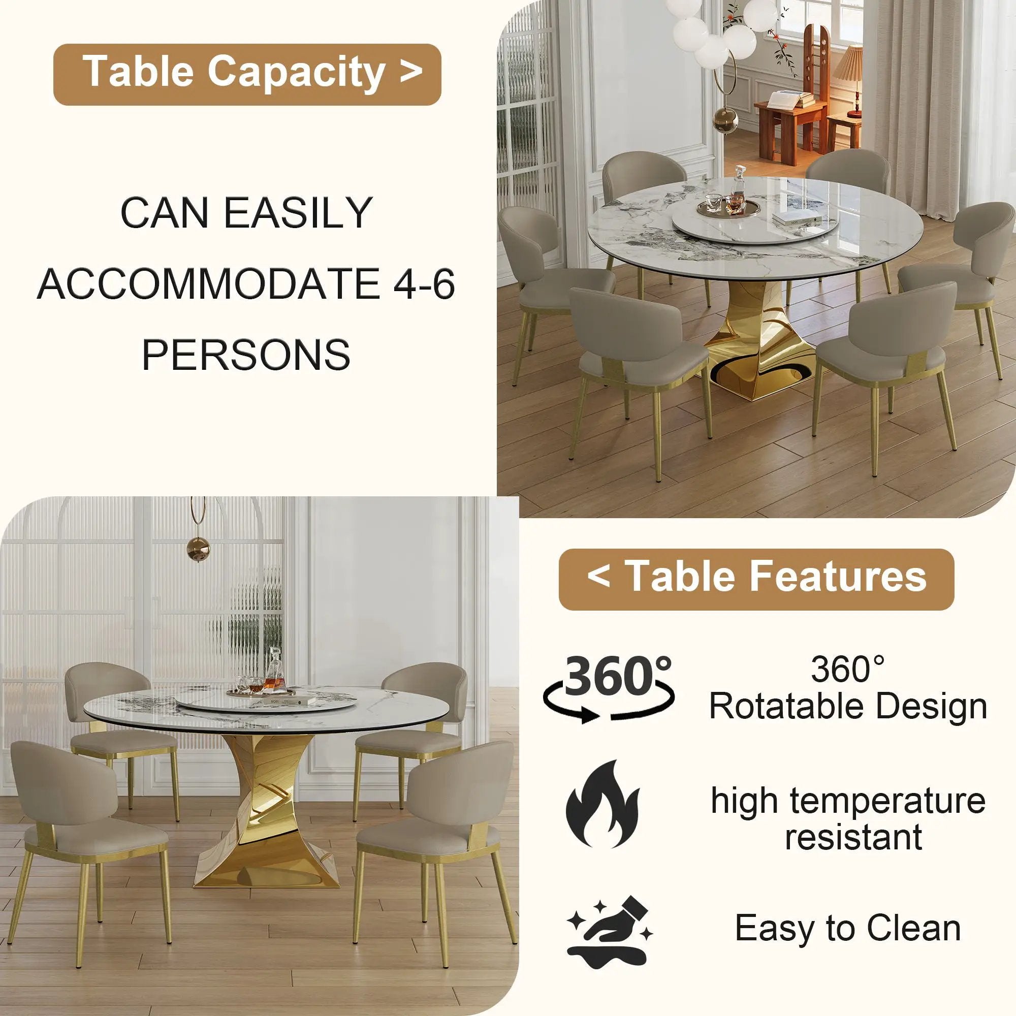 Luxury Round 59" Sintered Stone Dining Table With Stainless Steel Hourglass Base, Scratch & Heat Resistant Surface - Golden / White by HouseOfZazla