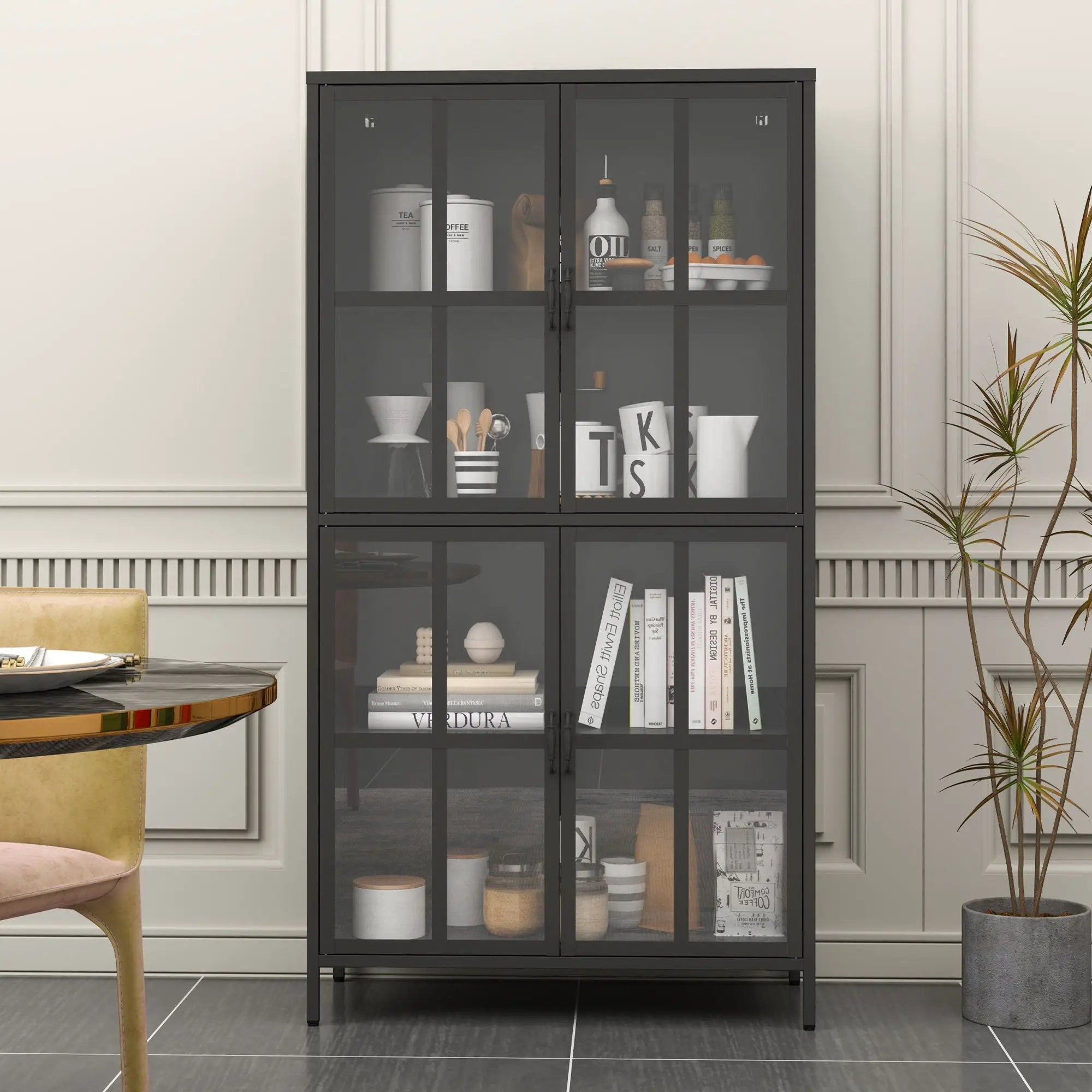 Premium Metal Storage Cabinet With Tempered Glass Doors, Adjustable Shelves, And Anti Tipping Device - Black by HouseOfZazla