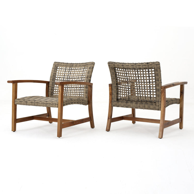 Outdoor Acacia Wood Wicker Club Chairs with Acacia Wood Frame - 2-Pcs Set, photo 2 of 10