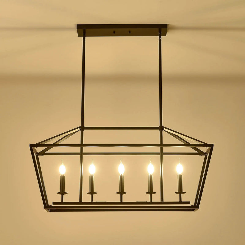 5 Light Farmhouse Kitchen Island Lighting, 5 Light Industrial Linear Chandelier For Dining Room Metal Hanging Pendant Light Fixture For Bedroom Living Room Hallway Conference Room - Matte Black by HouseOfZazla
