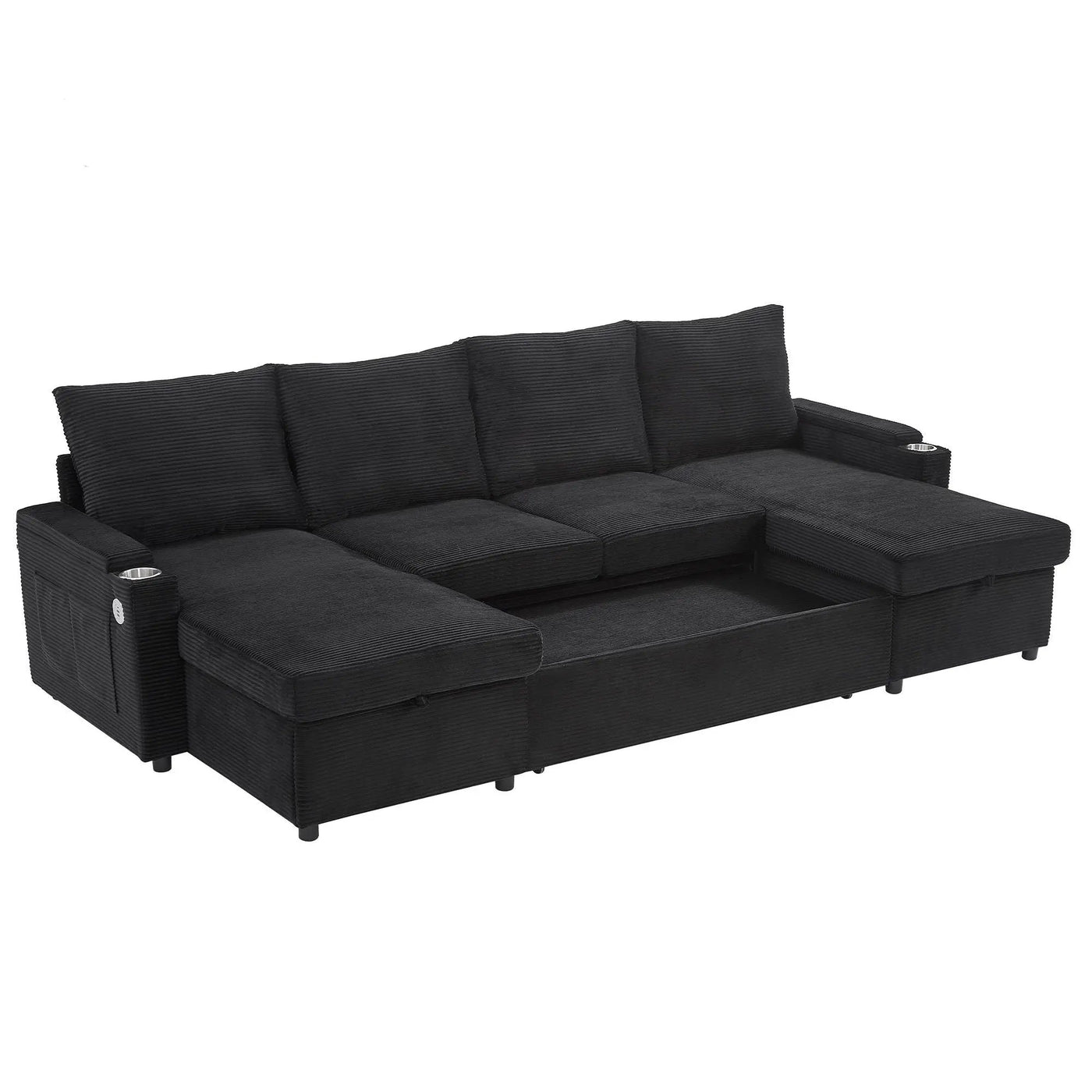 U Shaped Sectional Sofa Bed With Storage Chaise Lounges, USB Ports, And Cup Holders by HouseOfZazla