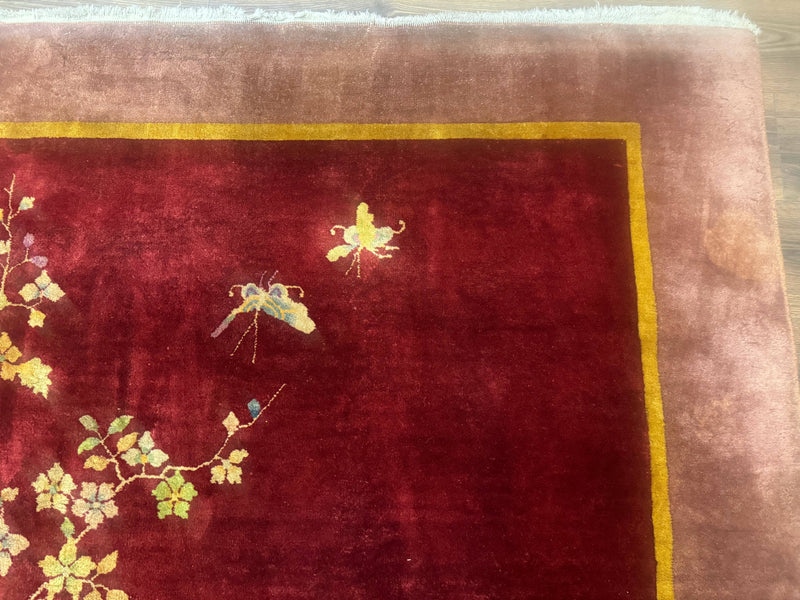 Red Chinese Art Deco Rug 9x11, Simple Design, Wool Chinese Area Rug, Antique by Jewel Rugs
