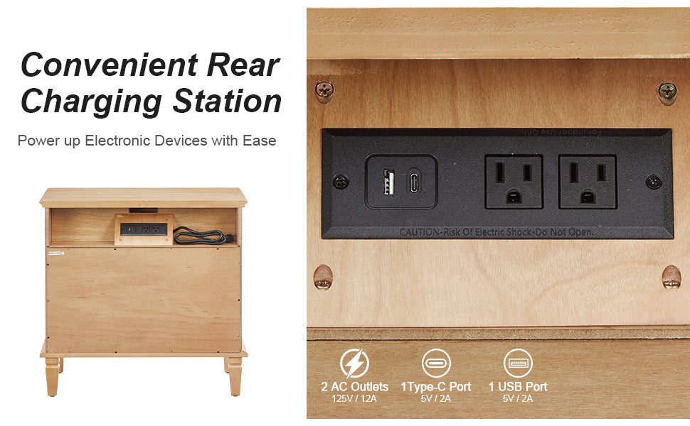 Vintage 3 Drawer Nightstand with Built-In Charging Station - Solid Wood Legs, photo 6 of 10