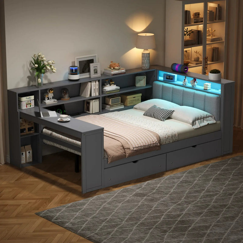 Platform Bed With Upholstered Headboard, Storage Shelves, Drawers, Charging Station, LED Lighting, Built In Desk by Unique Piece Furniture
