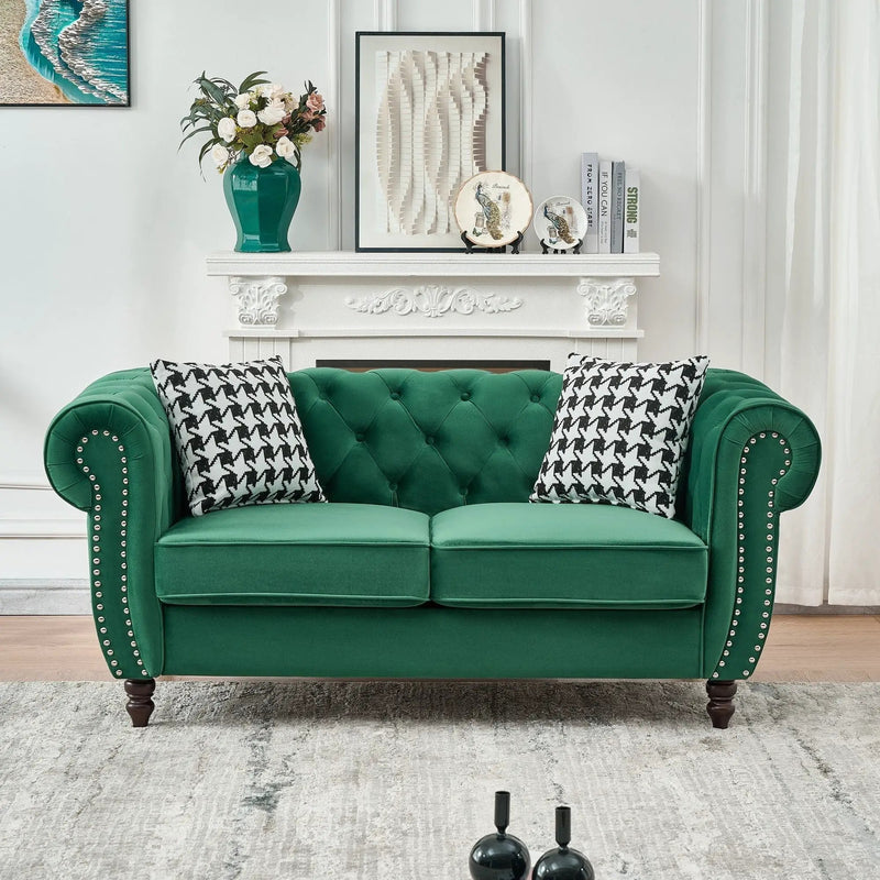 Chesterfield Fabric Sofa With Roll Armrest And Nailhead, Mid Century 2 Seater Couch by HouseOfZazla