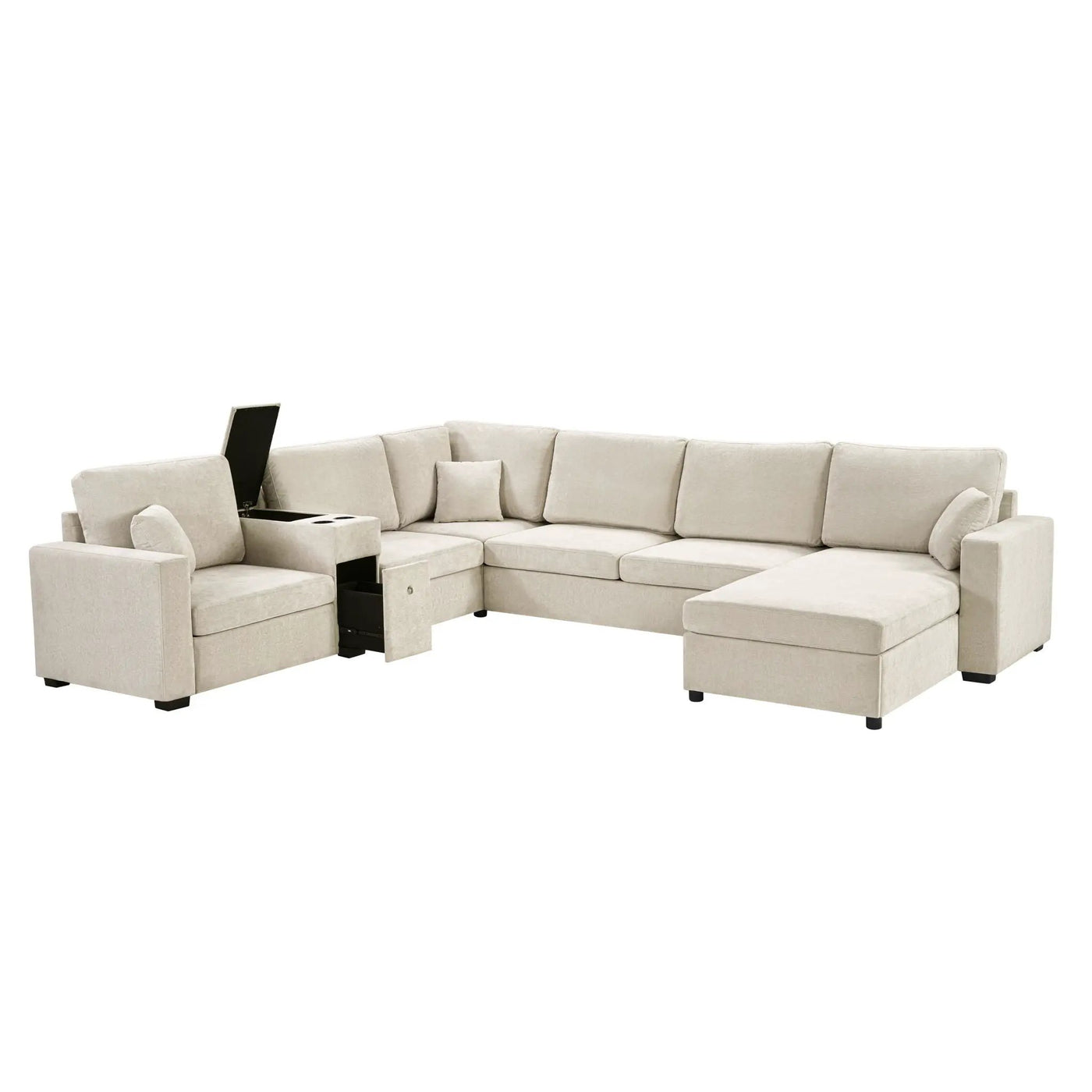 Modular 5 Seat U-Shape Sectional Sofa With Chaise Lounge, Built In Cup Holders And Storage Drawer by HouseOfZazla