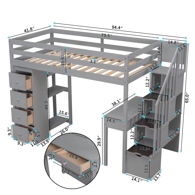 Loft Bed With Storage Drawers, Desk And Stairs With Shelves by HouseOfZazla