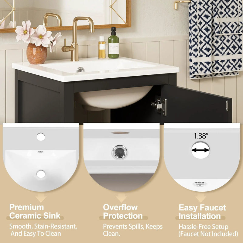 Bathroom Vanity With Ceramic Sink, Soft Close Drawers, Door Organizer, Divider Drawer, Adjustable Foot Pads by HouseOfZazla