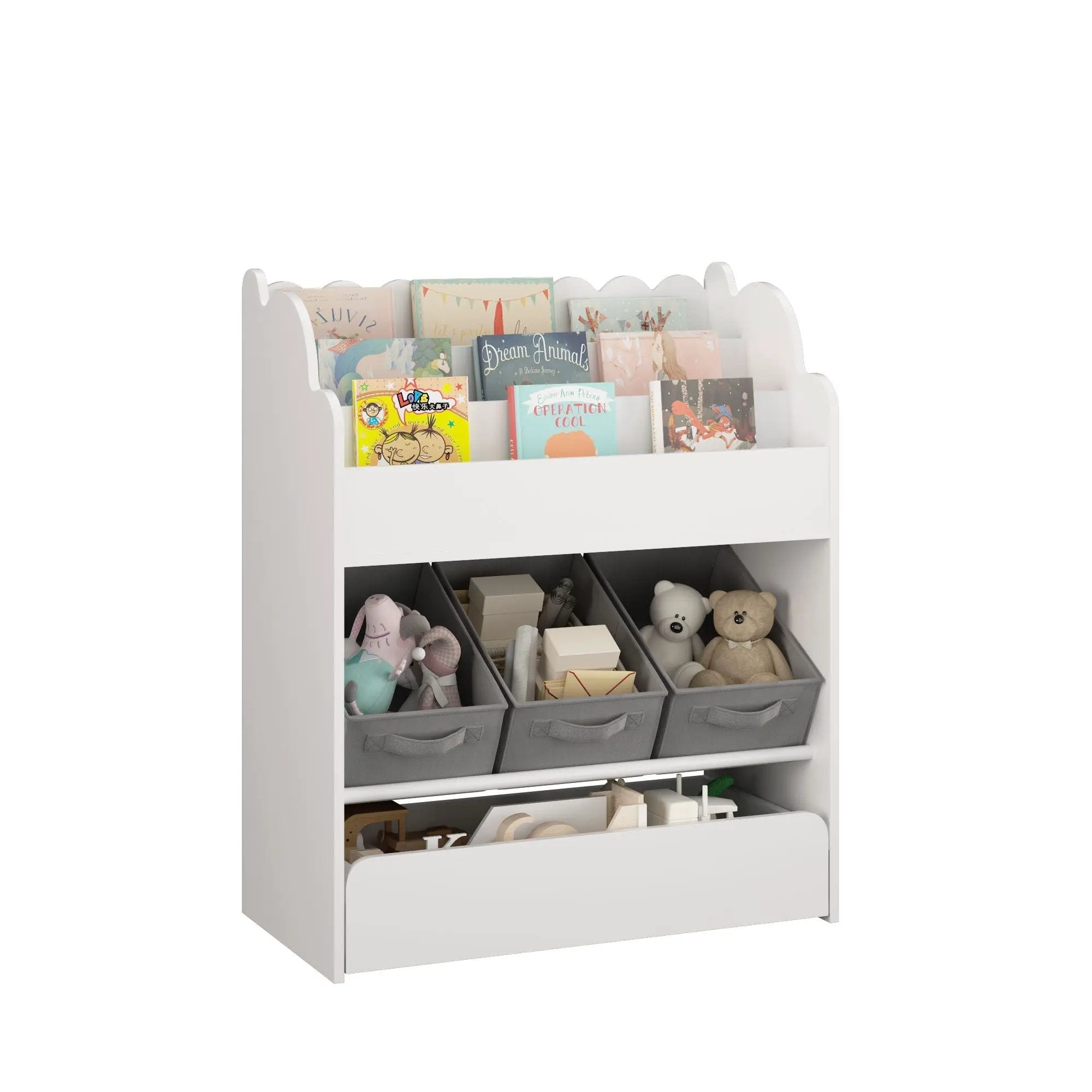 Bookshelf With Storage Bins And Drawer, Multi Functional Book Organizer For Toddlers - White by HouseOfZazla