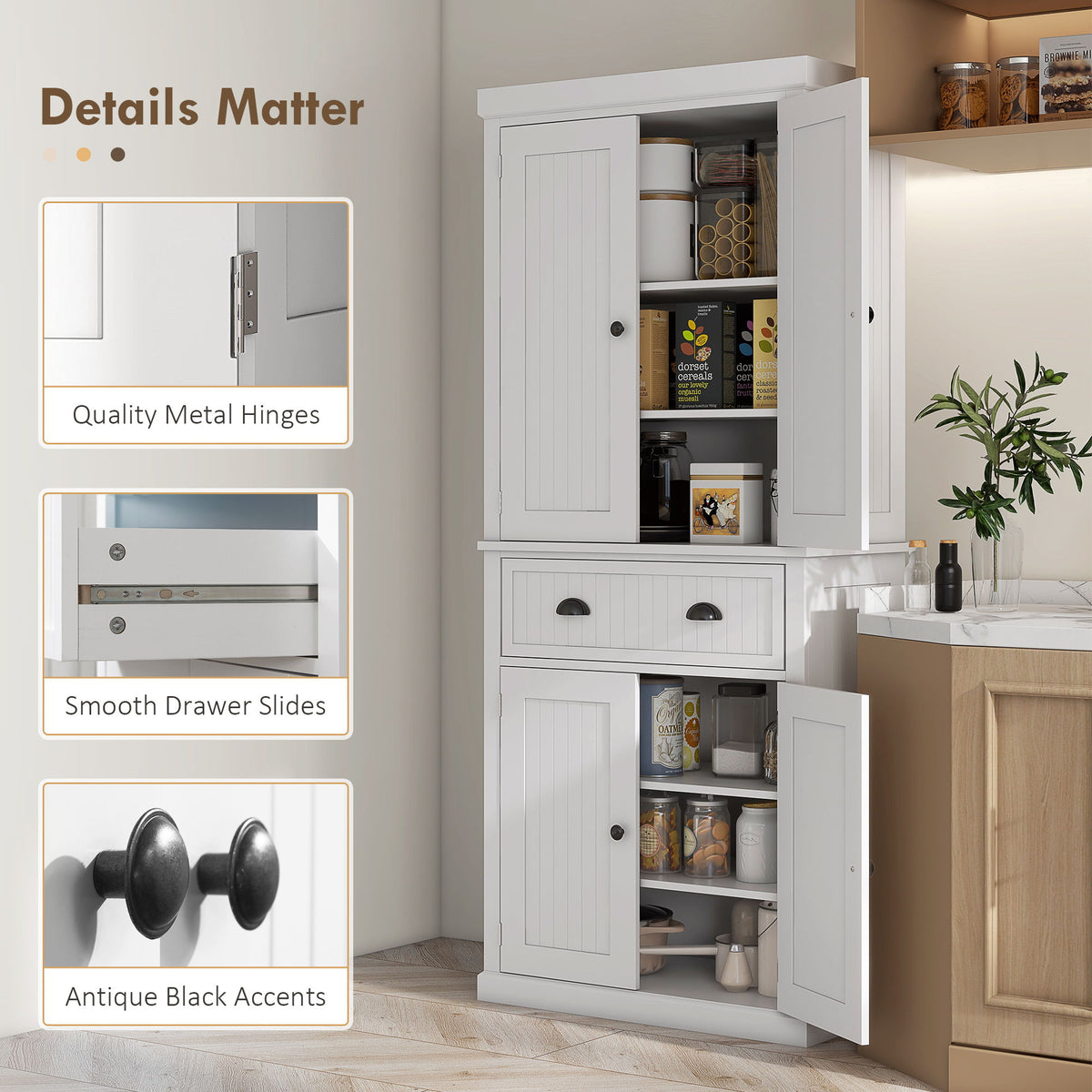 72" Tall Kitchen Pantry Cabinet with Adjustable Shelves and Drawer - White, photo 4 of 9