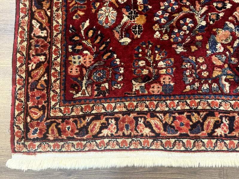 Antique Persian Sarouk Rug 4x6, Floral, Red, Wool Hand Knotted Fine 225 KPSI by Jewel Rugs