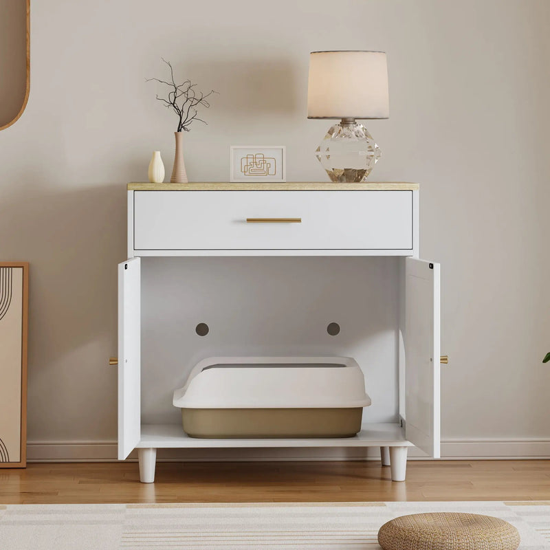 Cat Litter Box Enclosure With Scratch Pad, Hidden Litter Box Furniture, Wooden Pet House Sideboard, Storage Cabinet, Fit Most Cat And Litter Box, For Living Room Bedroom Office - White / Light Brown by HouseOfZazla