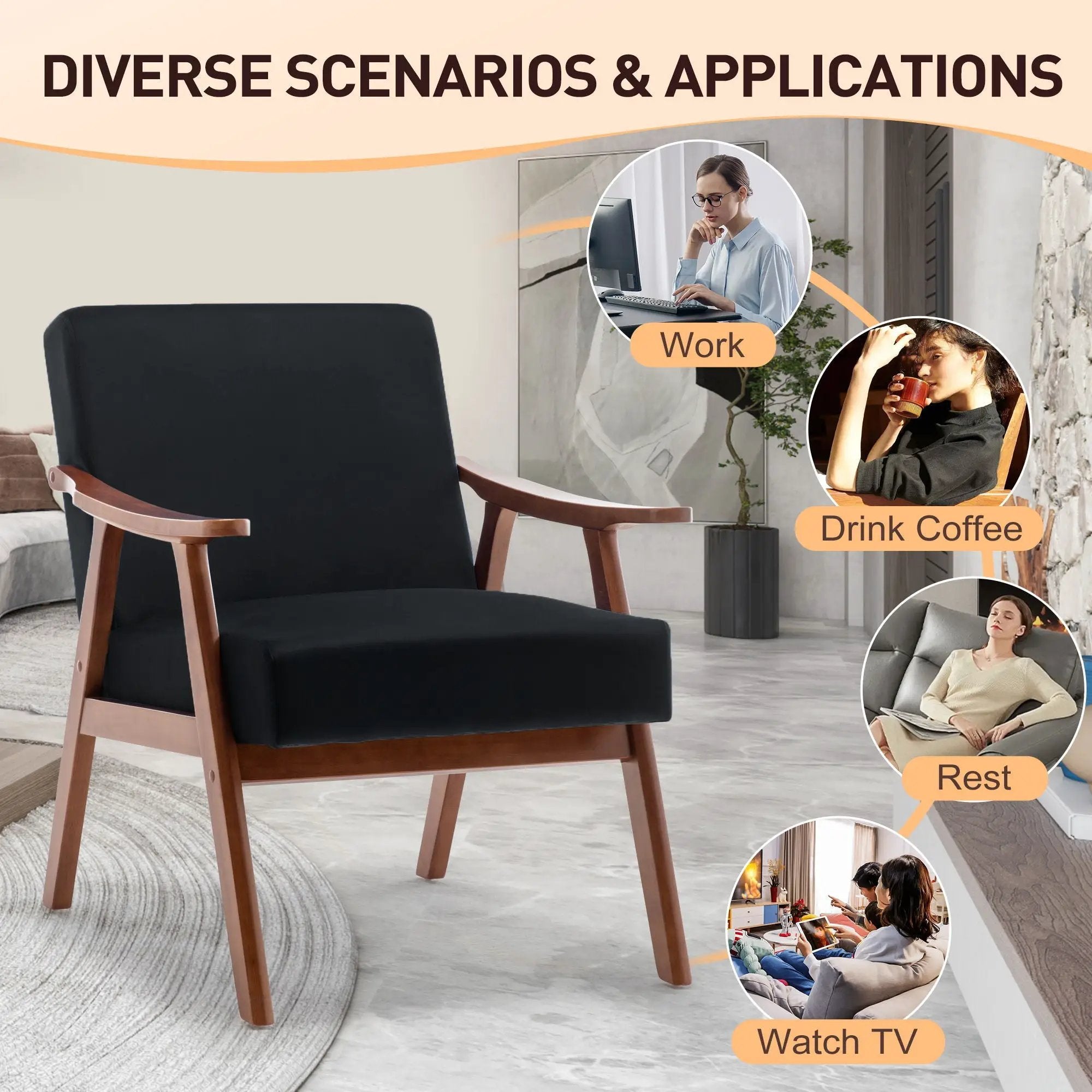 Mid Century Modern Accent Chair With Solid Wood Frame And Extra Thick Backrest by Unique Piece Furniture