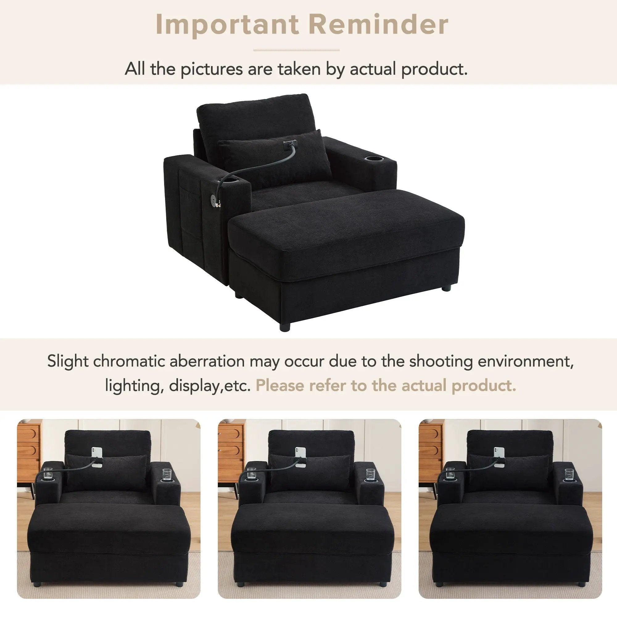 Modern Style Armchair Chaise Lounge Sofa Couch With Movable Storage Ottoman, USB Ports, Cup Holders, Phone Holder, Side Pockets by HouseOfZazla
