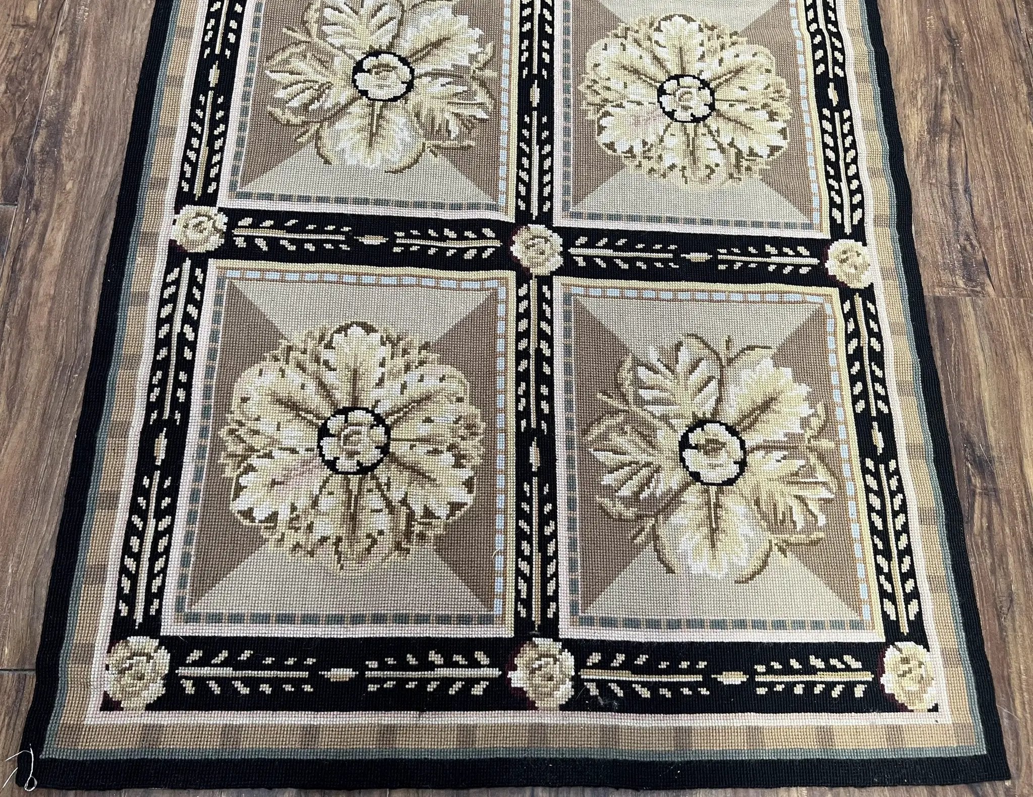 Needlepoint Runner Rug 3x8 Panel Design Rug, Flatweave Runner Rug, English Design, Floral, Short Runner Rug, Black and Beige Wool Hand-Woven by Jewel Rugs