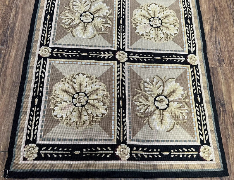 Needlepoint Runner Rug 3x8 Panel Design Rug, Flatweave Runner Rug, English Design, Floral, Short Runner Rug, Black and Beige Wool Hand-Woven by Jewel Rugs