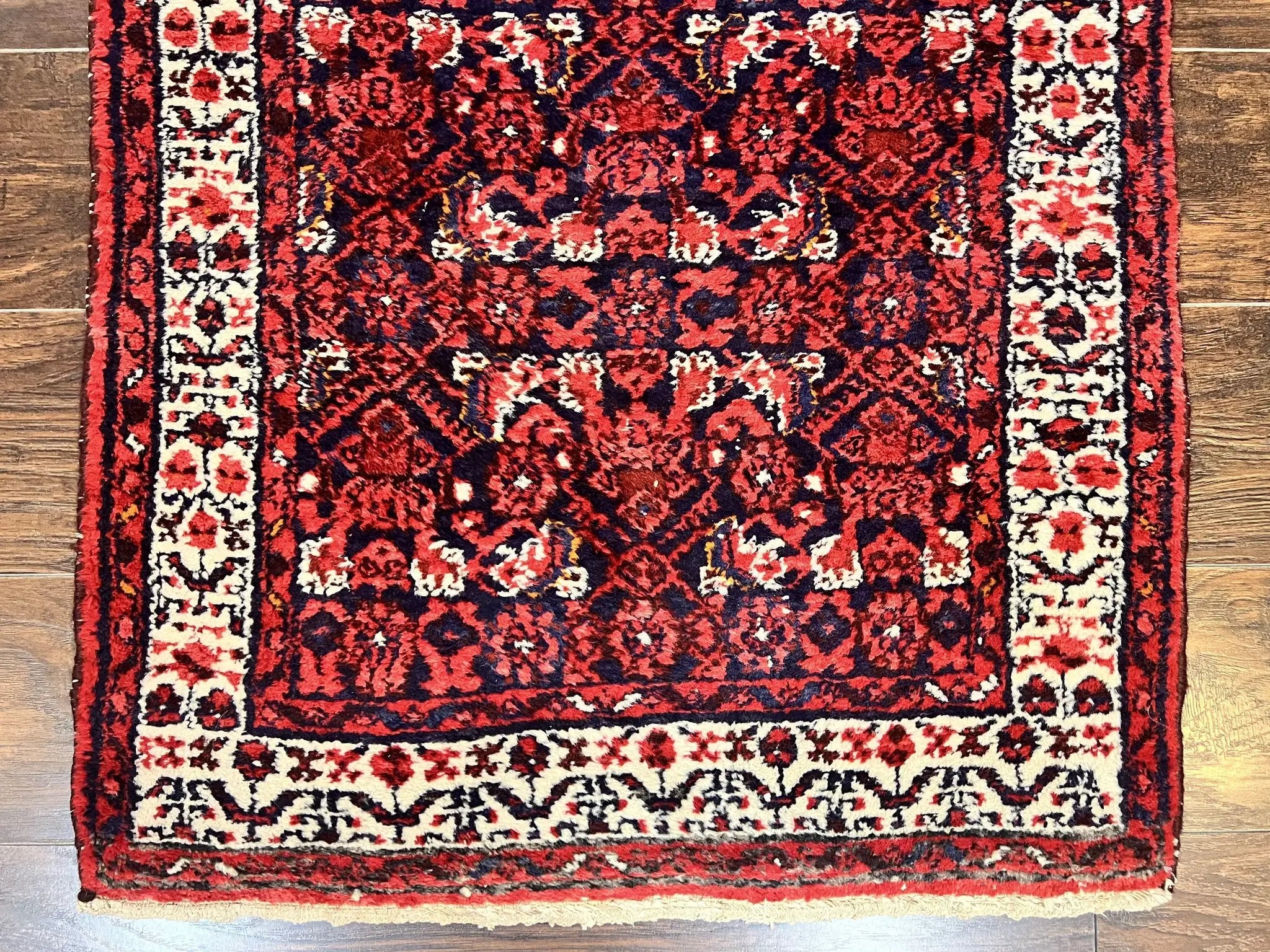 Persian Tribal Runner 3 x 9, Hamadan Dargazin Rug, Dark Blue and Red Wool Hand Knotted Hallway Rug, Vintage Antique Oriental Runner, 9ft Long Runner, Herati by Jewel Rugs