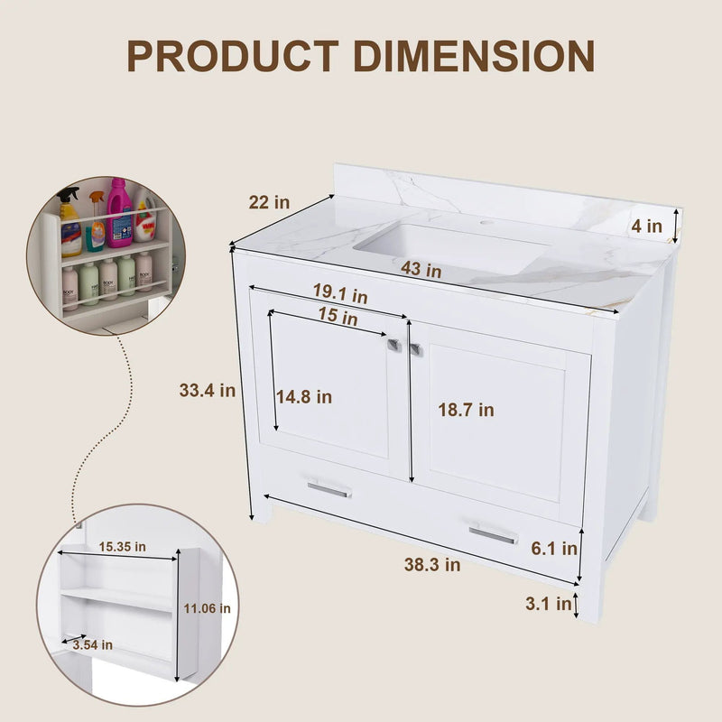 43" Bathroom Vanity, Multi Functional Cabinet With Doors And Drawer - White by HouseOfZazla