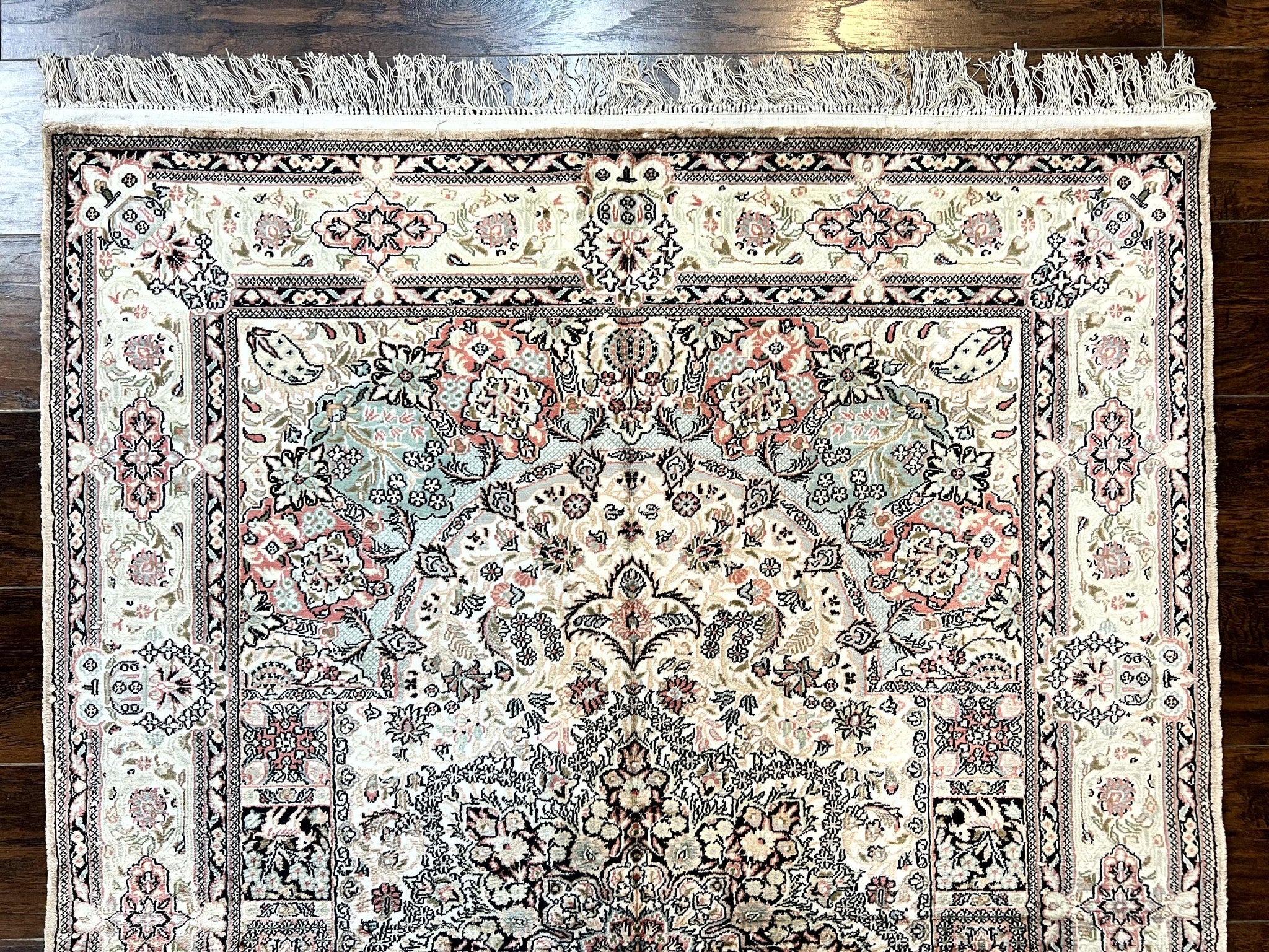 Silk Indian Kashmiri Rug 4x6, Handmade, Ivory, Fine 240 KPSI by Jewel Rugs