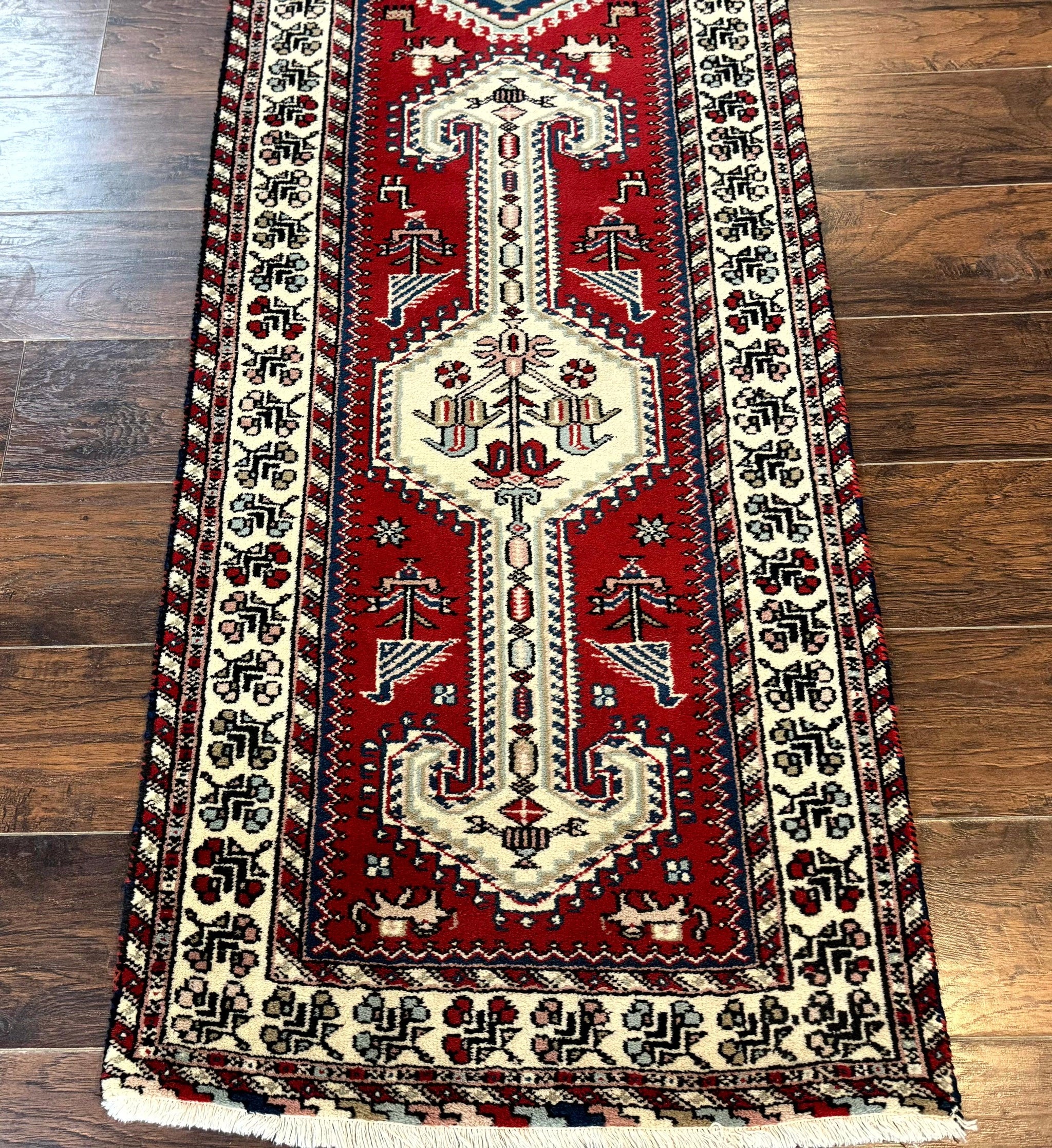 Indo Persian Runner Rug 2.6 x 12, Heriz Geometric Caucasian Design, Animal Pictorials, Tribal Runner Rug, Vintage Handmade Wool Red by Jewel Rugs