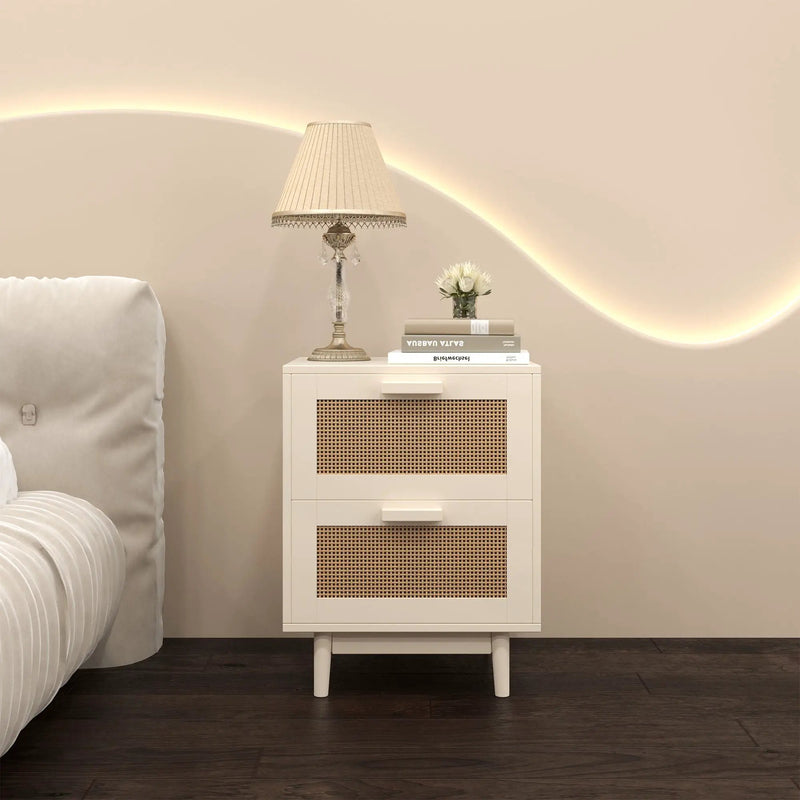 Nightstand With 2 Drawers, Storage Side Table For Bedroom - Antique Natural / Rattan by Unique Piece Furniture