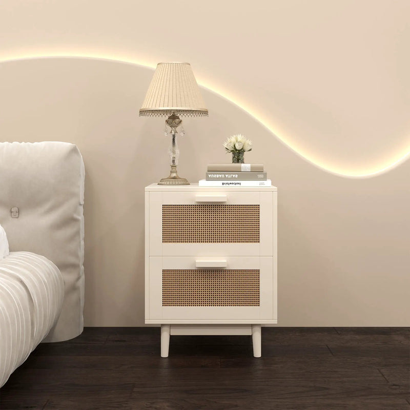 Nightstand With 2 Drawers, Storage Side Table For Bedroom - Antique Natural / Rattan by HouseOfZazla
