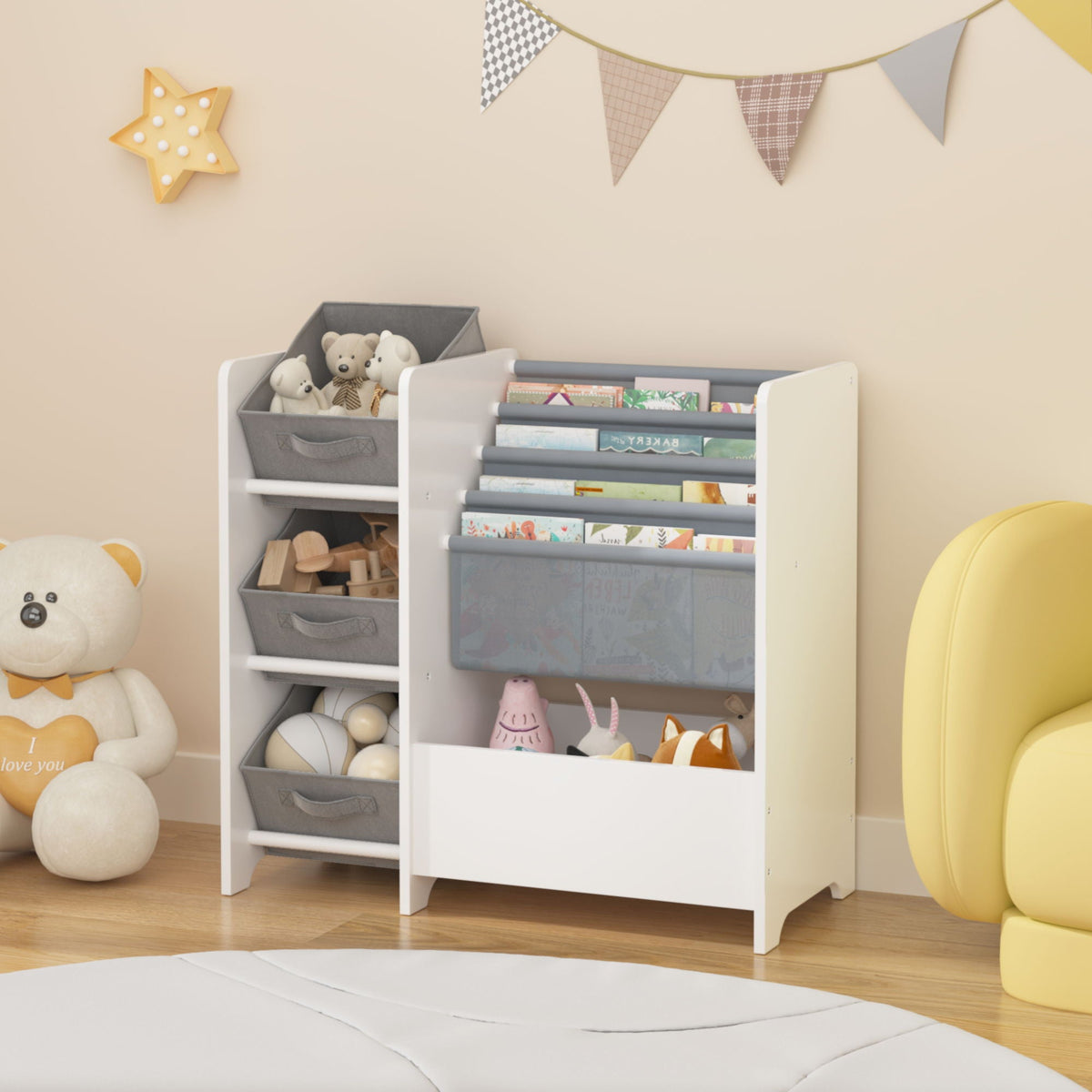 White 4-Tier Bookshelf and Toy Storage Organizer with Collapsible Drawers, photo 8 of 16