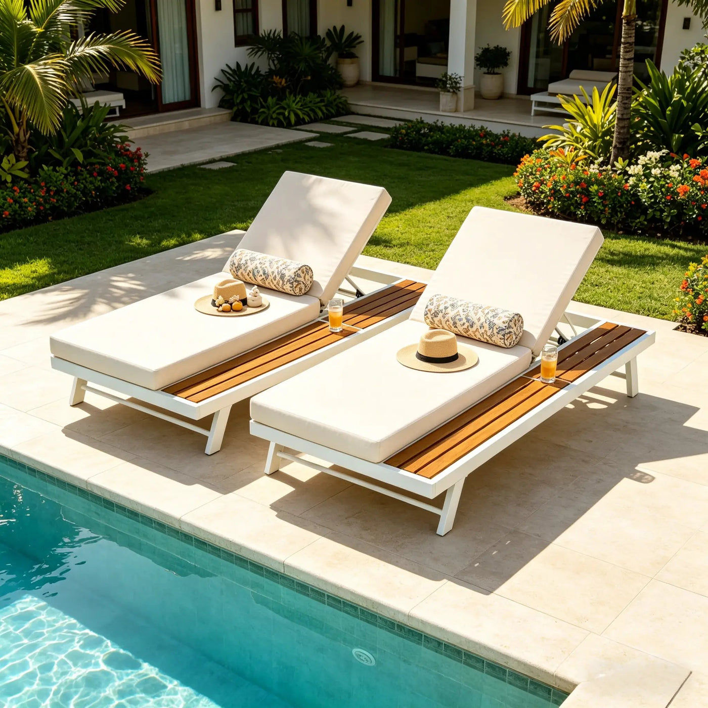 White Iron and Teak Finish Chaise Lounge Set with Cream Cushion by HouseOfZazla