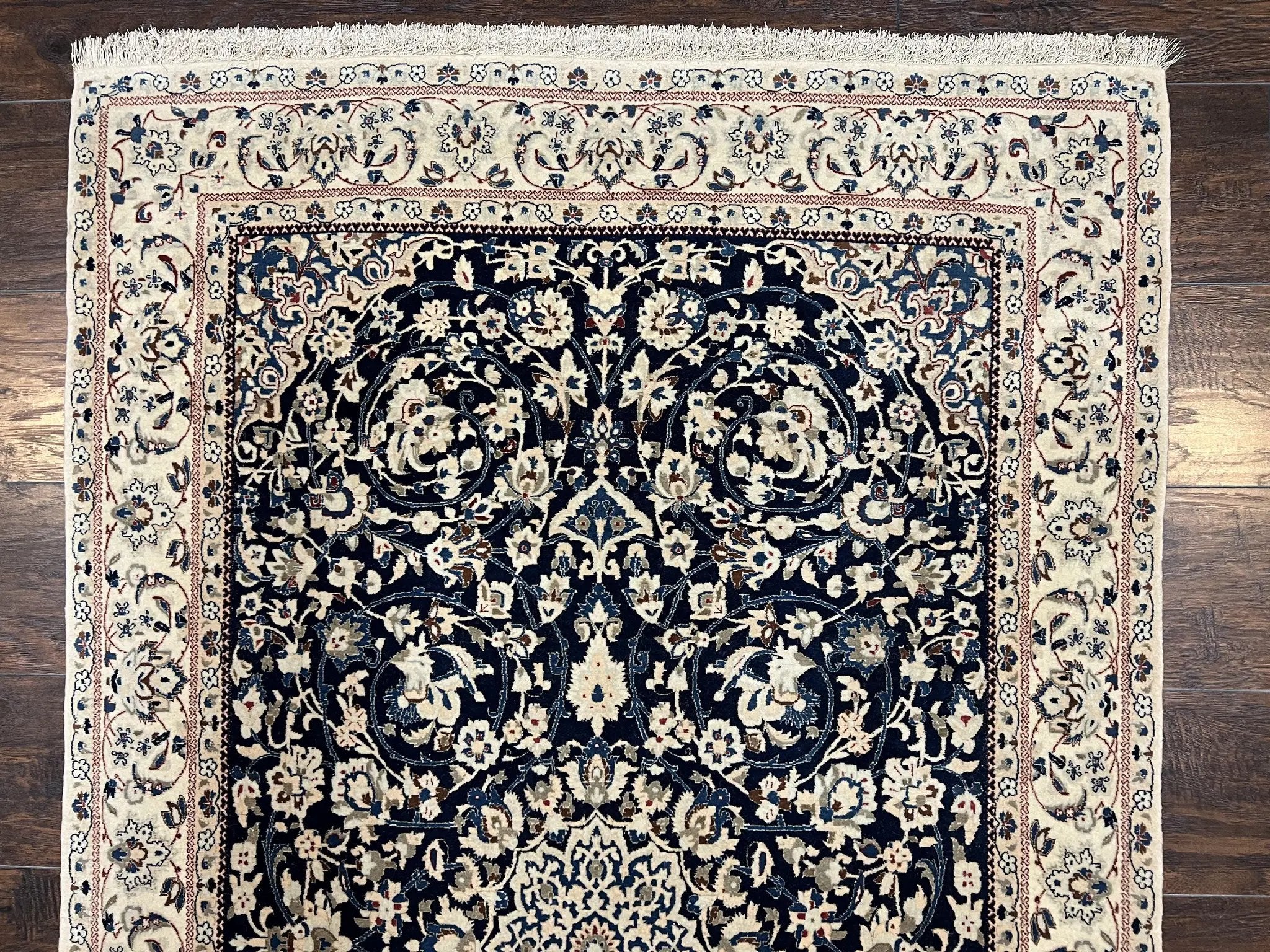 Very Fine Persian Nain Rug 3.7 x 6, Floral Medallion, Wool and Silk Accents, Highly Detailed, Hand Knotted Oriental Carpet, Navy Blue Ivory/Cream by Jewel Rugs