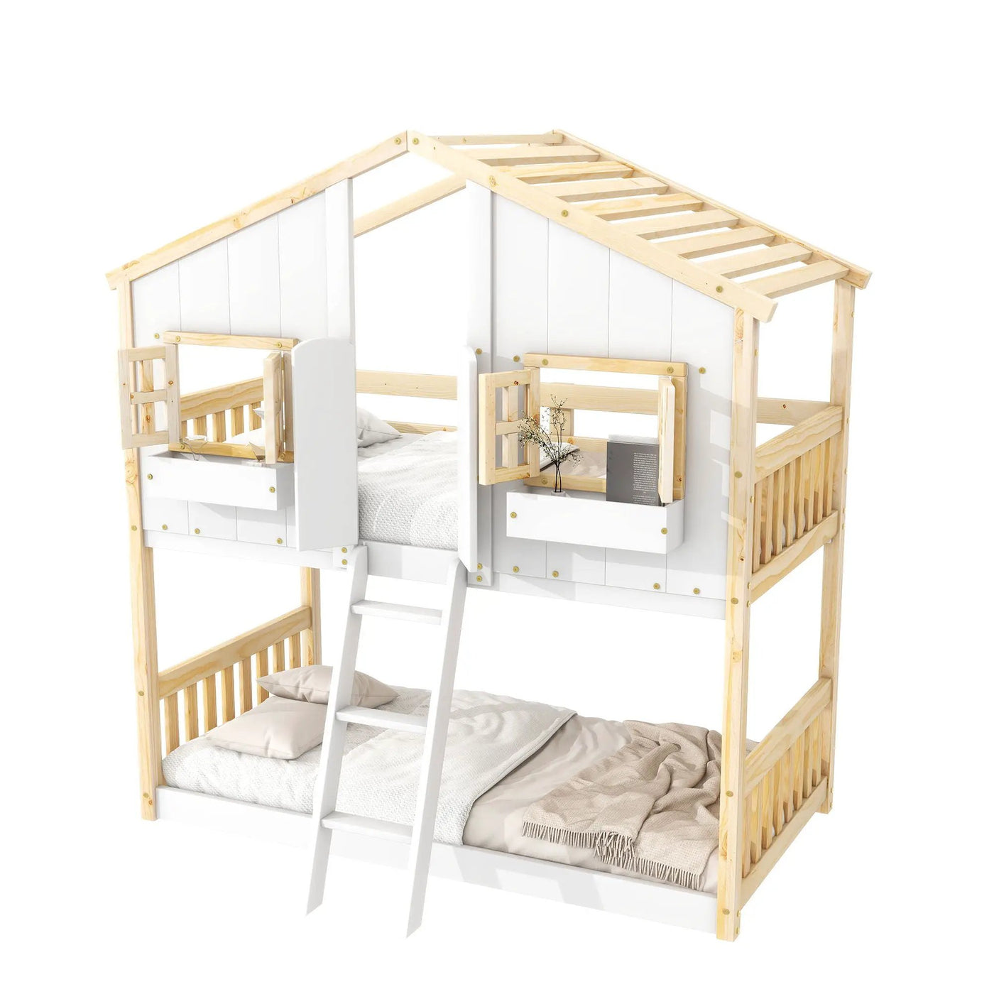 House Bunk Bed With Roof, Window, Window Box, Door, With Safety Guardrails And Ladder by HouseOfZazla