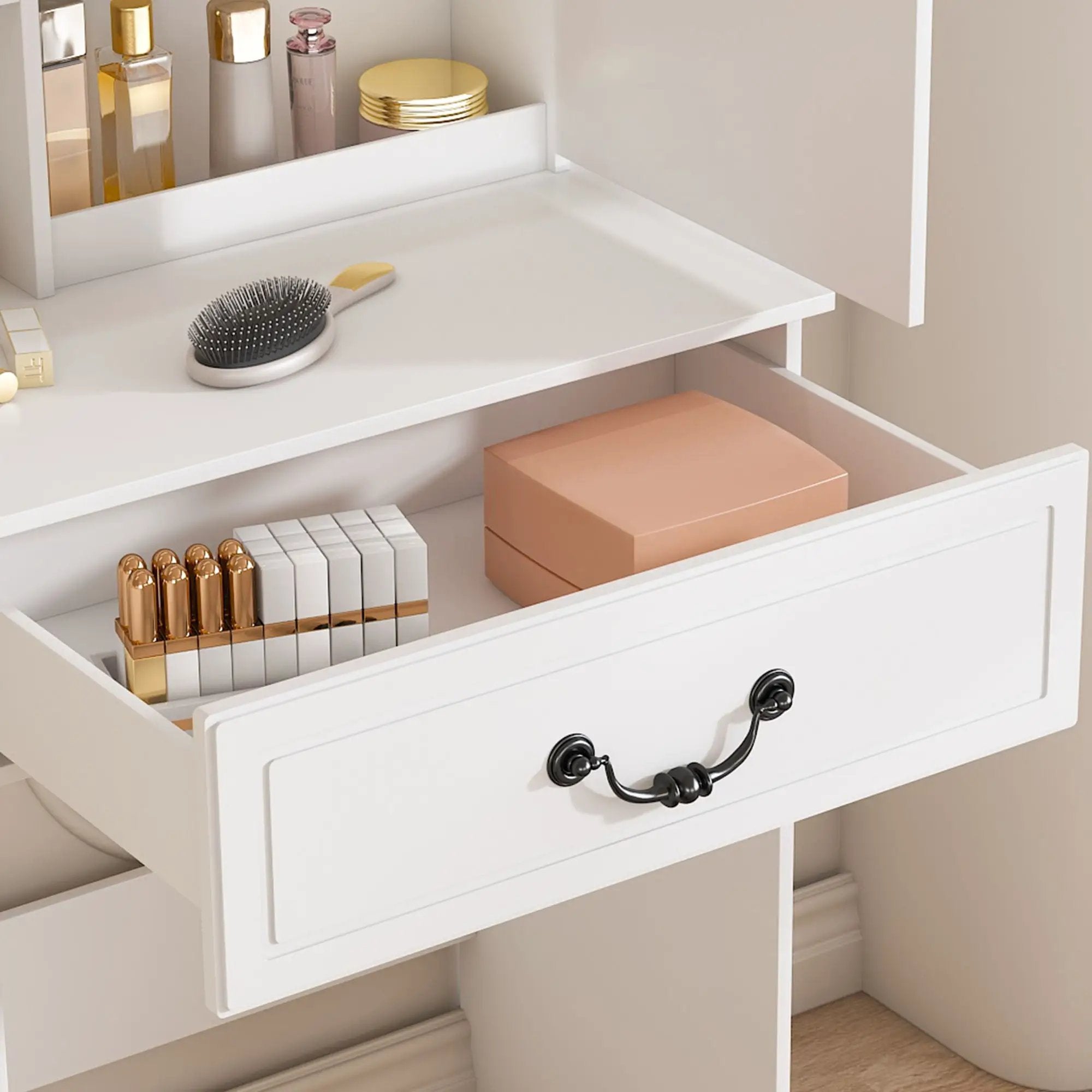 Modern Mini Dressing Table With Led-Lit Mirror & Hidden Storage, Adjustable Brightness Vanity Desk - White by Unique Piece Furniture