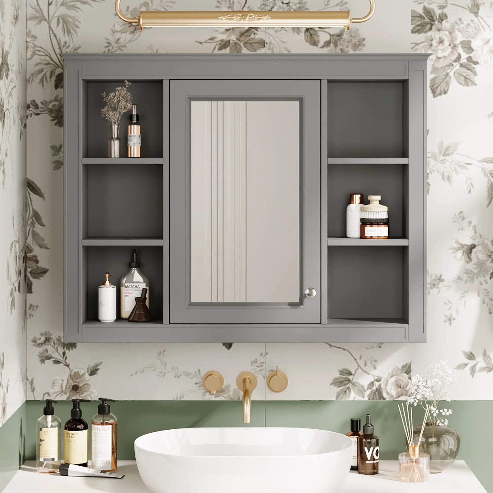 Wall Mounted Medicine Cabinet With Mirror, Storage Cabinet Featuring 6 Open Shelves And Adjustable Interior by Unique Piece Furniture