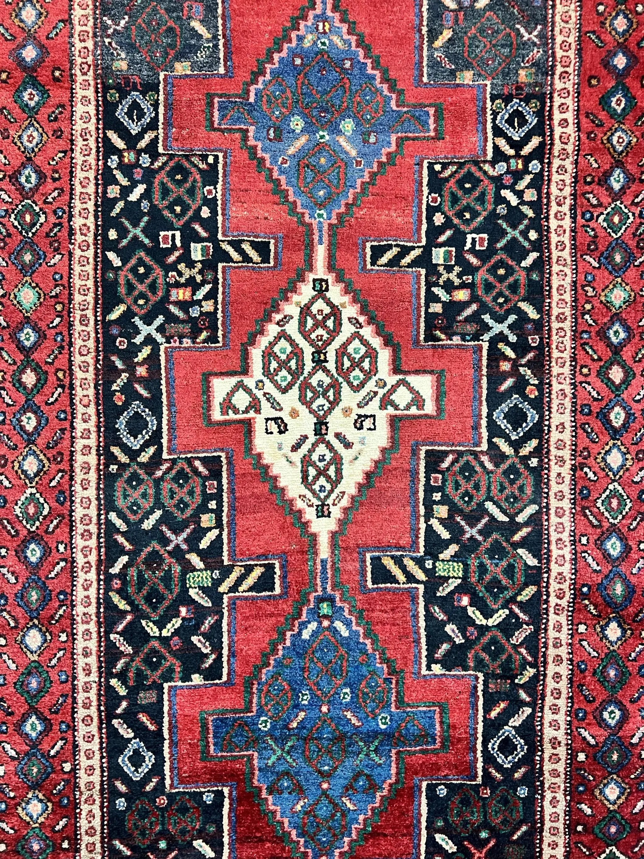 Persian Kurdish Senneh Runner Rug 3x9, Red Navy Blue, Medallions Wool Tribal Runner for Kitchen/Hallway 9ft Antique Handmade Oriental Runner by Jewel Rugs