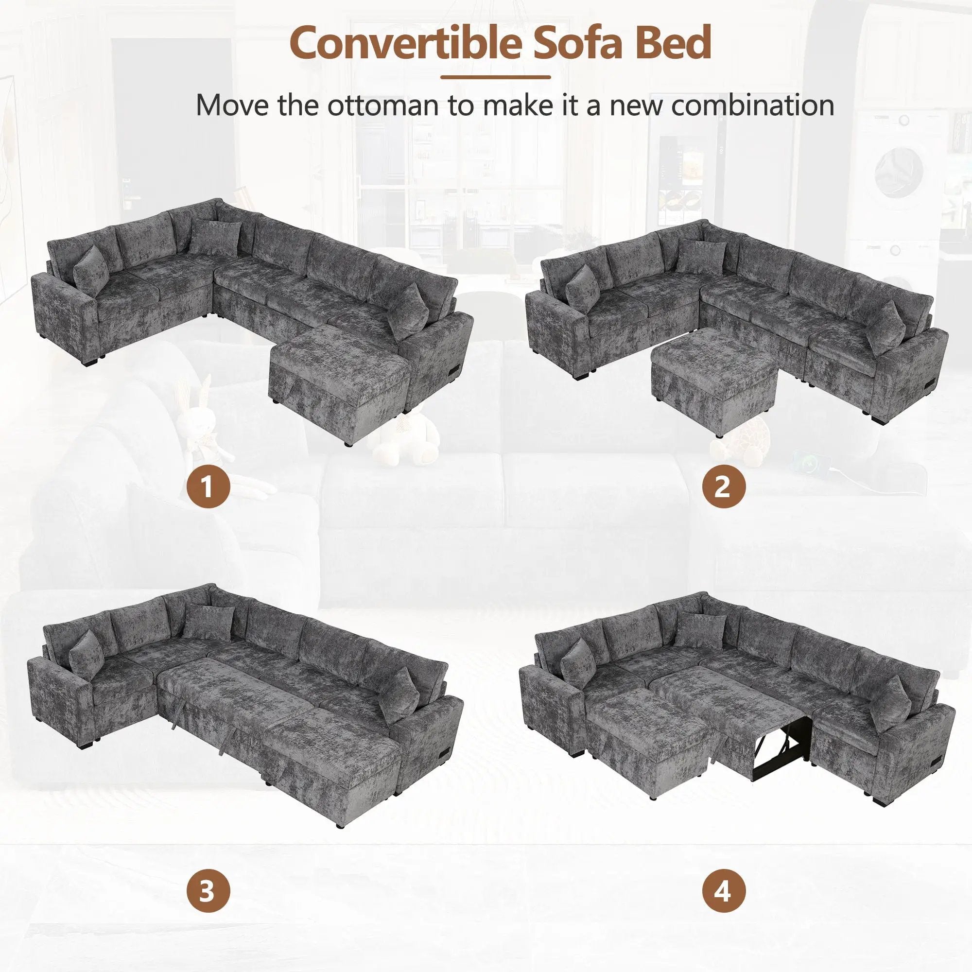 Sectional Sofa Pull-Out Sofa Bed Sleeper With A Storage Ottoman, Three Pillows And Charging Devices For Living Room by Unique Piece Furniture