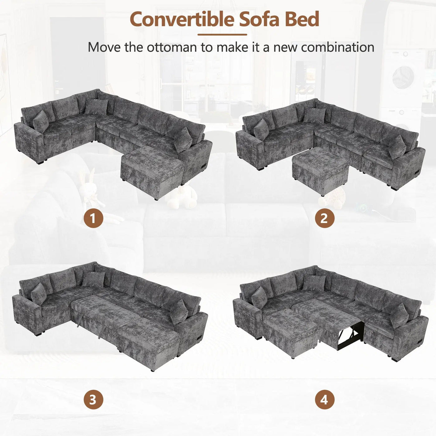 Sectional Sofa Pull-Out Sofa Bed Sleeper With A Storage Ottoman, Three Pillows And Charging Devices For Living Room by HouseOfZazla