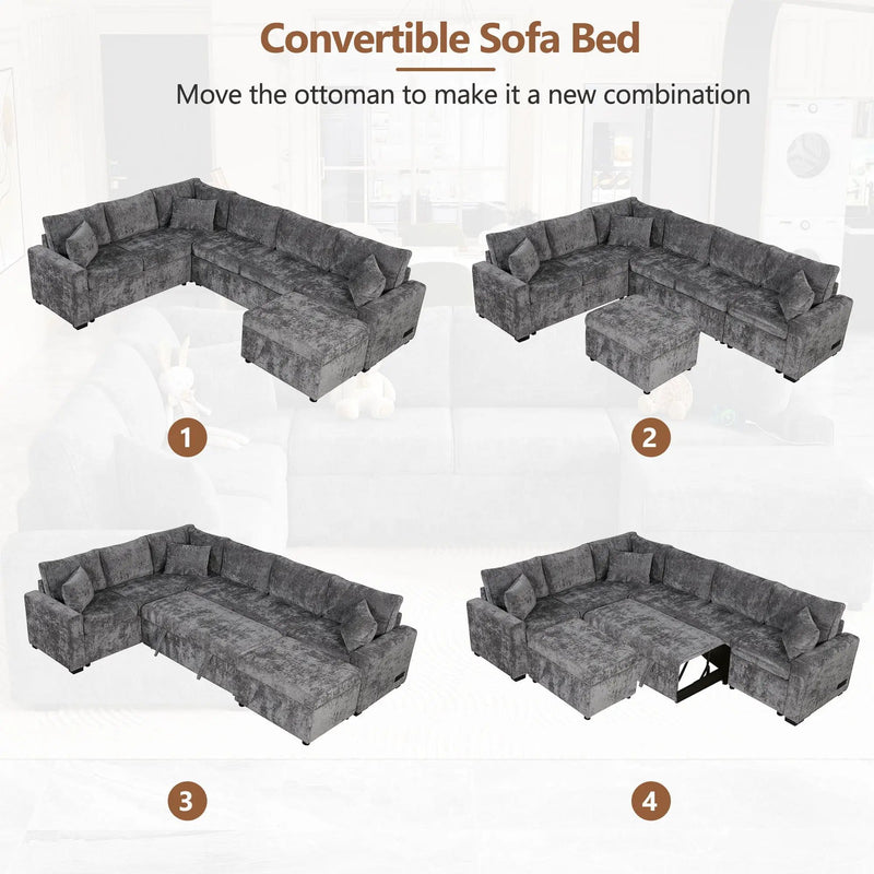 Sectional Sofa Pull-Out Sofa Bed Sleeper With A Storage Ottoman, Three Pillows And Charging Devices For Living Room by HouseOfZazla