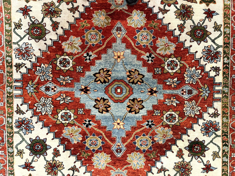 Indo Persian Heriz Rug 7x9, Geometric Pattern, Cream & Light Red, Handmade Vintage Wool Carpet by Jewel Rugs