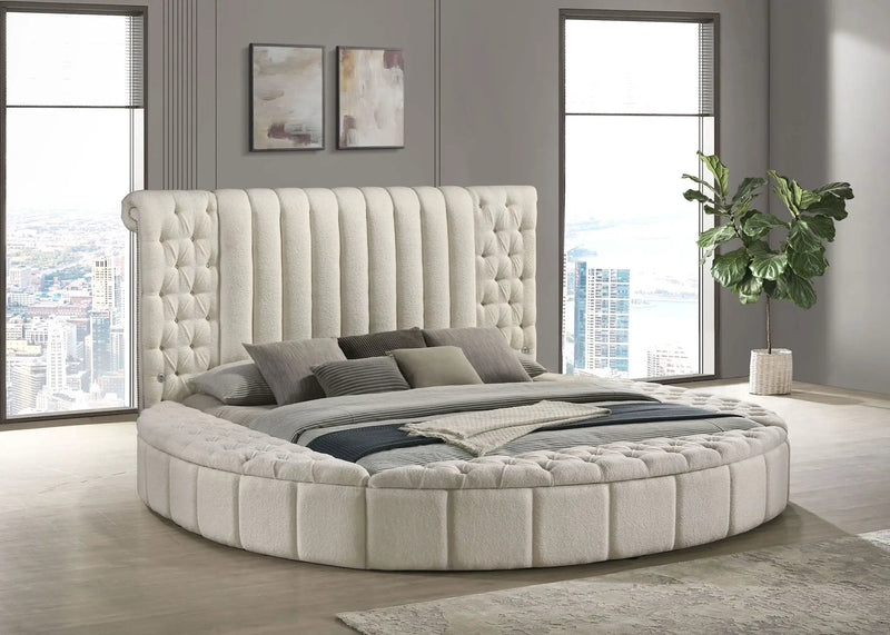 Sonya Upholstered Eastern King Round Storage Bed Ivory by Unique Piece Furniture
