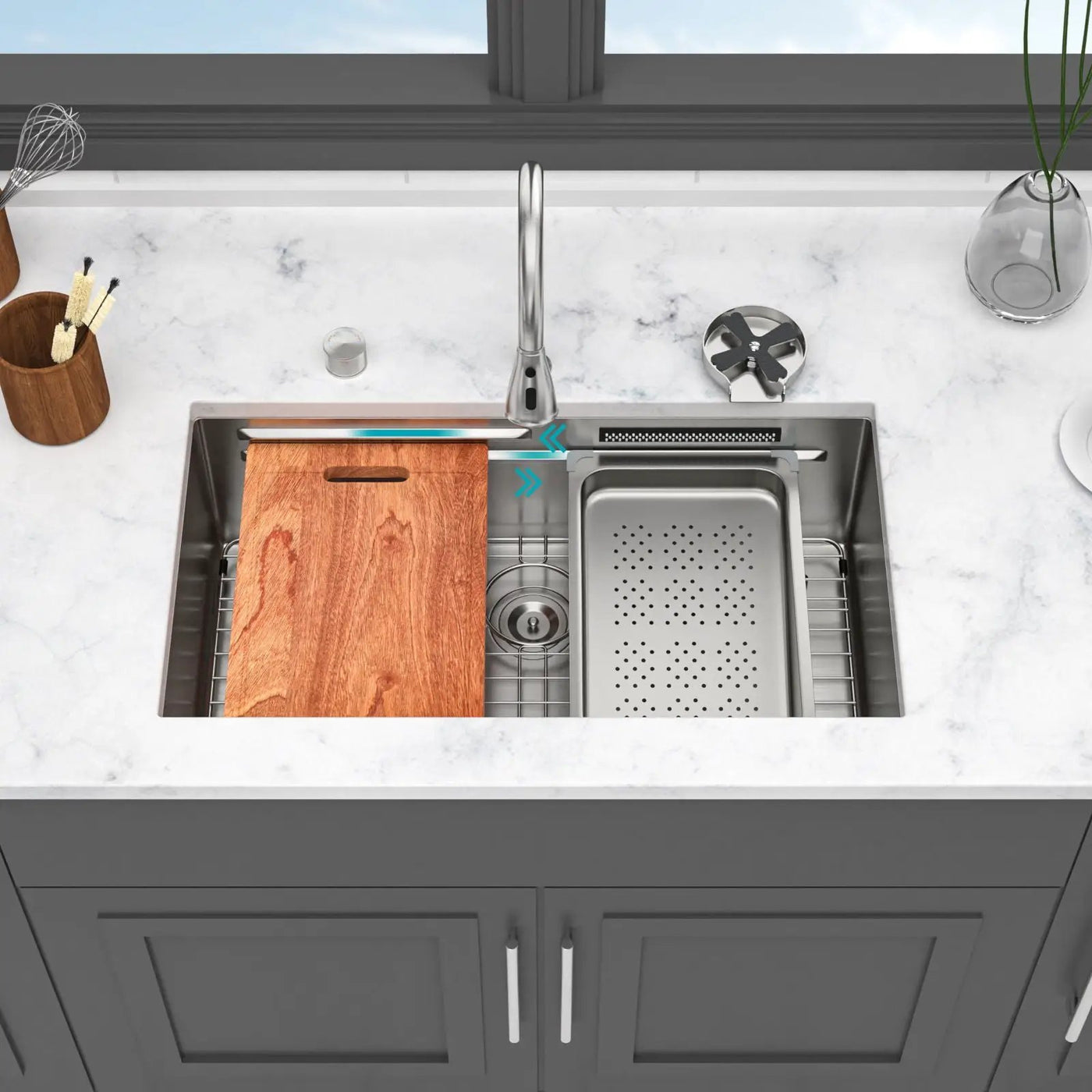Undermount Stainless Steel Kitchen Sink With Pull Down Faucet & Ledge Workstation by HouseOfZazla