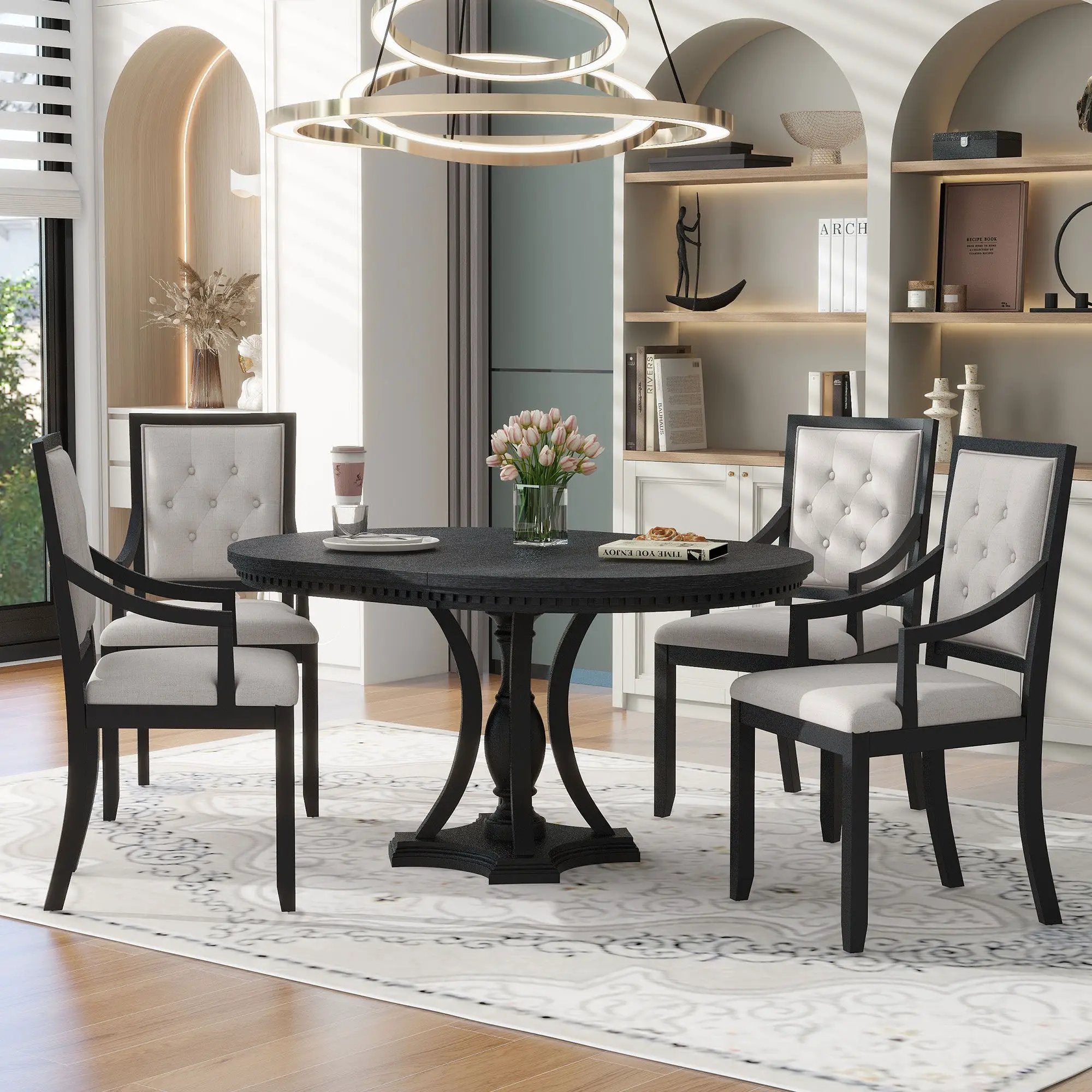 5 Piece Dining Set Extendable Round Table And 4 Chairs - Black / Oak by HouseOfZazla